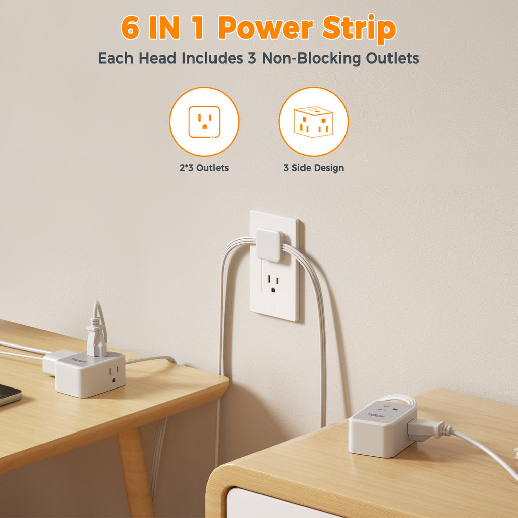 TESSAN Small Flat Plug Power Strip, Ultra Thin Extension Cord 5 ft, 3 AC Outlets with 3 USB Ports (1 USB C), Multiple Wall Outlet Extender for Cruise Travel Office School Dorm Room Essentials, Black