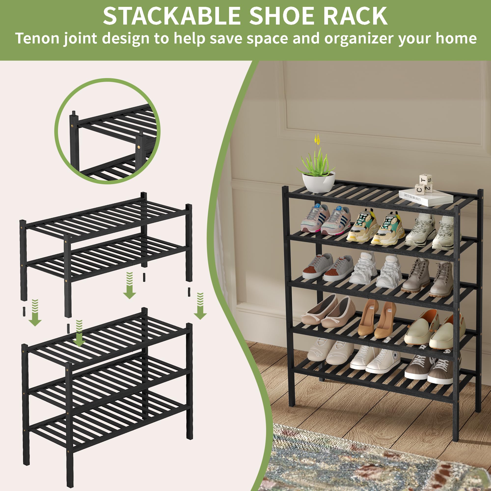 ROMGUAR CRAFT 2-Tier Bamboo Long Shoe Rack, Free Standing Wood Shoe Shelf Storage Organizer for Closet Entryway Stackable 35"x11"x13" (Black)