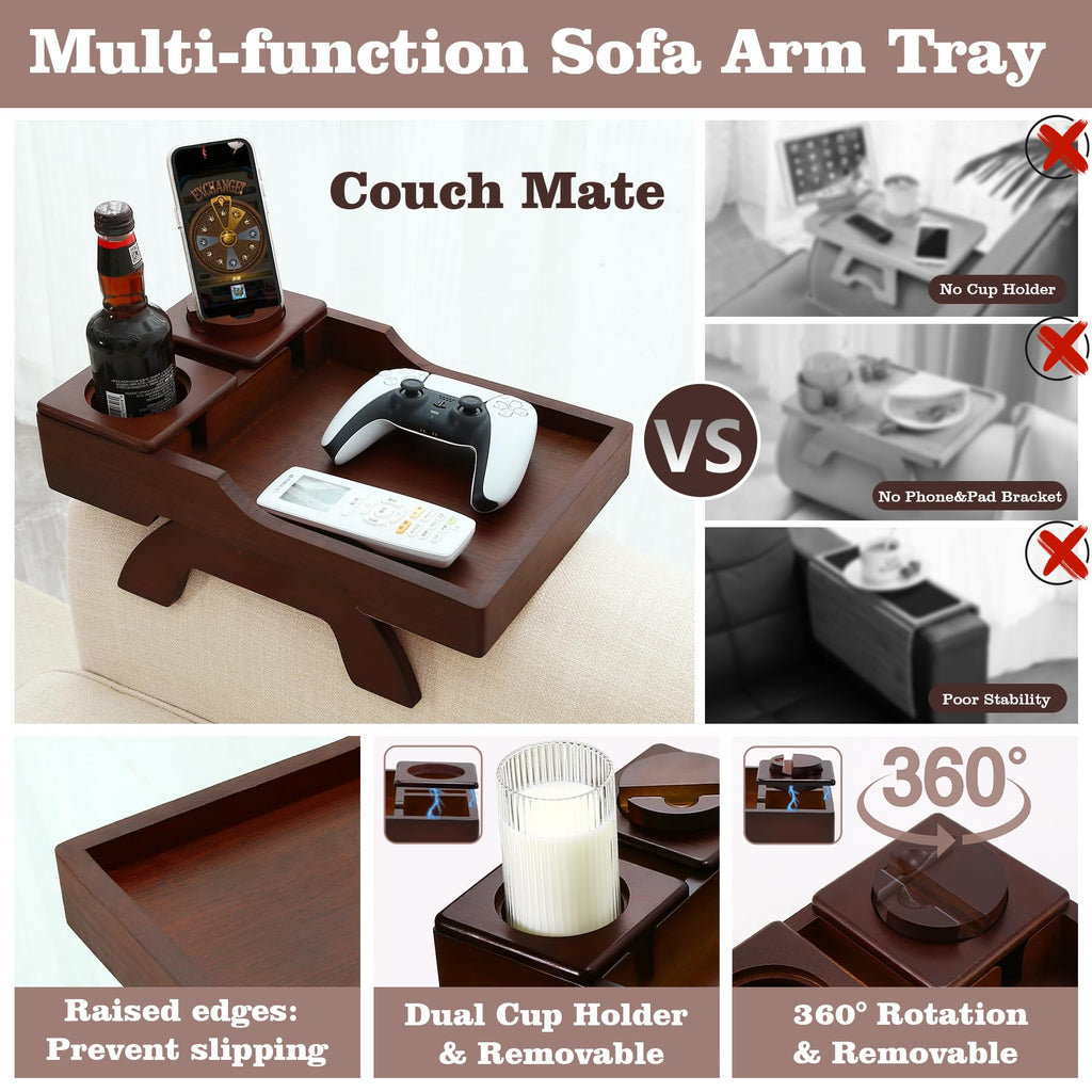 GHKINMAL Couch Cup Holder Tray, 15.4"x9.9" Large 4 in 1 Couch Arm Tray with 360°Rotated Phone Holder, Non-Slip Clip on Side Table for Drinks/Remote/Snacks, Ideal Gift for Husband, Wife, Parents