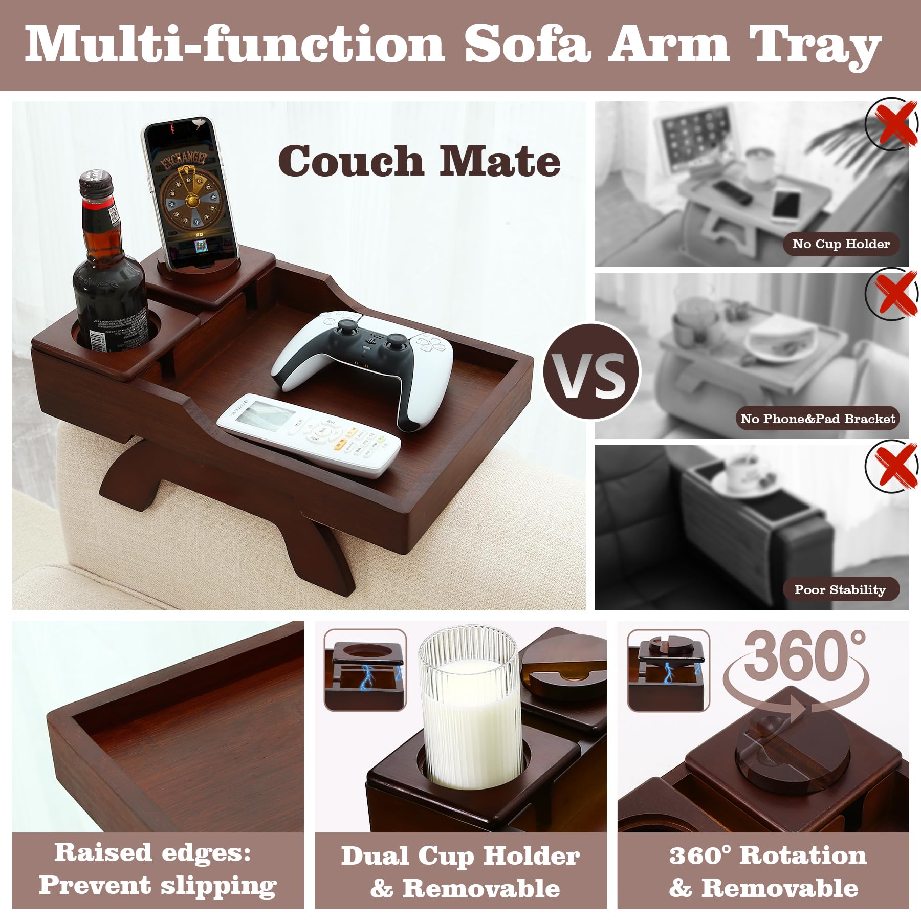 GHKINMAL Couch Cup Holder Tray, 15.4"x9.9" Large 4 in 1 Couch Arm Tray with 360°Rotated Phone Holder, Non-Slip Clip on Side Table for Drinks/Remote/Snacks, Ideal Gift for Husband, Wife, Parents