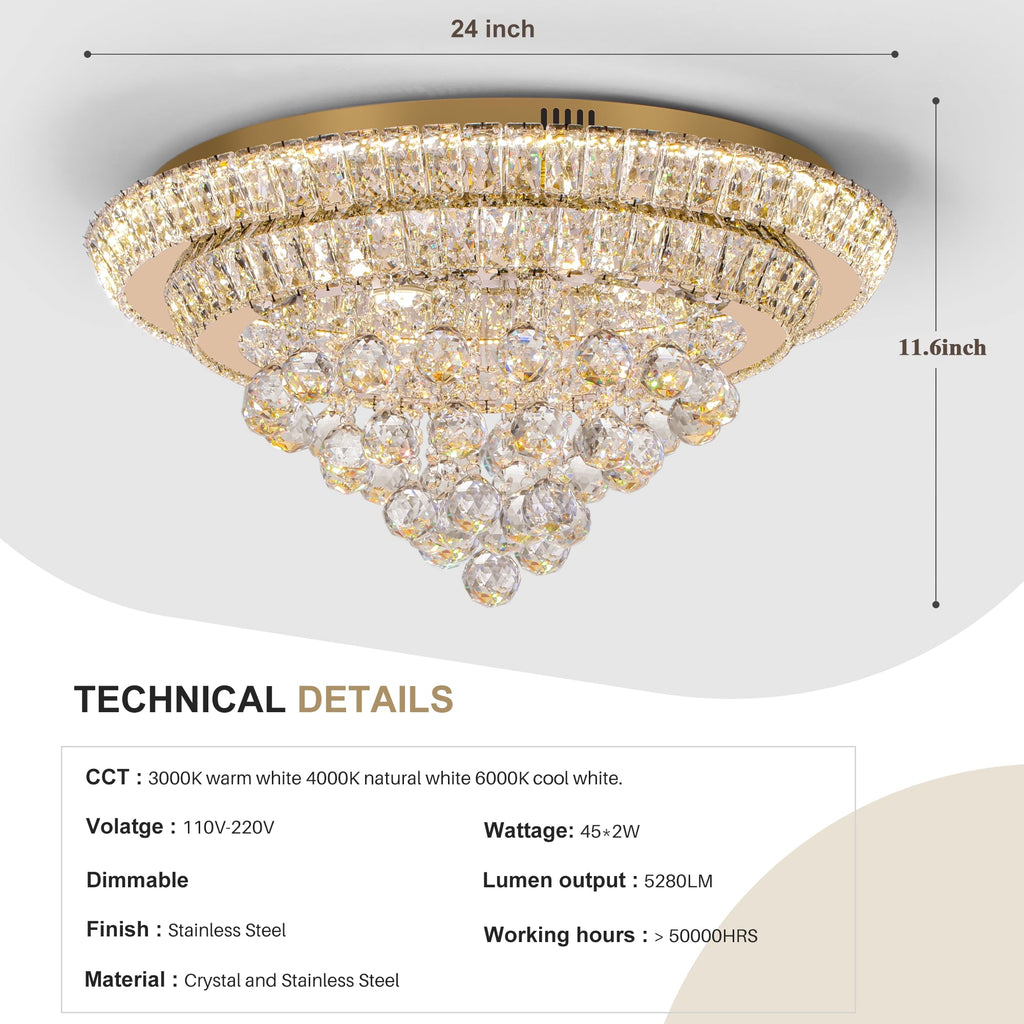 COCOSTAR 20" Gold Crystal Chandeliers, Flush Mount Chandelier LED Ceiling Light, Modern Crystal Raindrop Chandeliers for Dining Room, Living Room, Bedroom