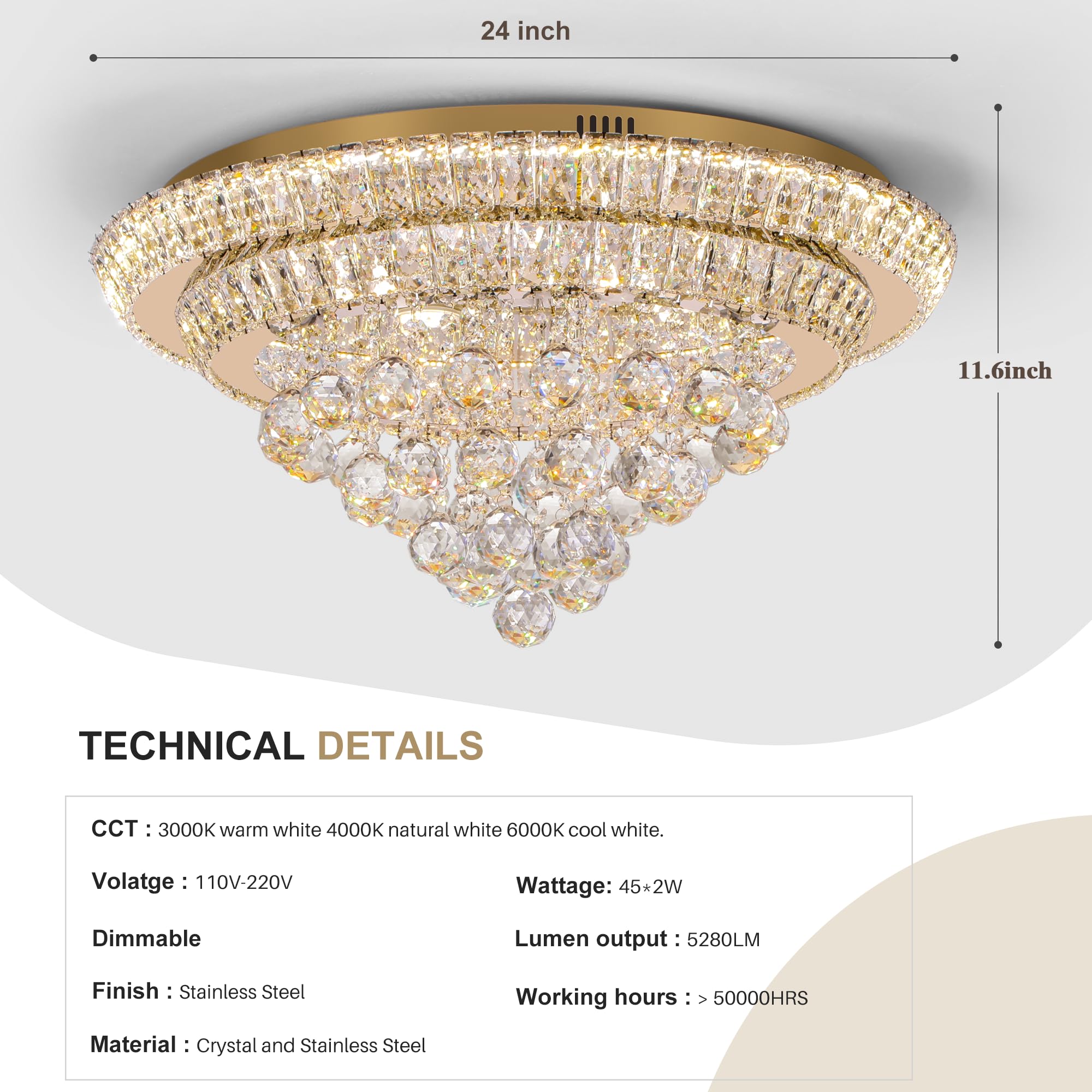 COCOSTAR 20" Gold Crystal Chandeliers, Flush Mount Chandelier LED Ceiling Light, Modern Crystal Raindrop Chandeliers for Dining Room, Living Room, Bedroom