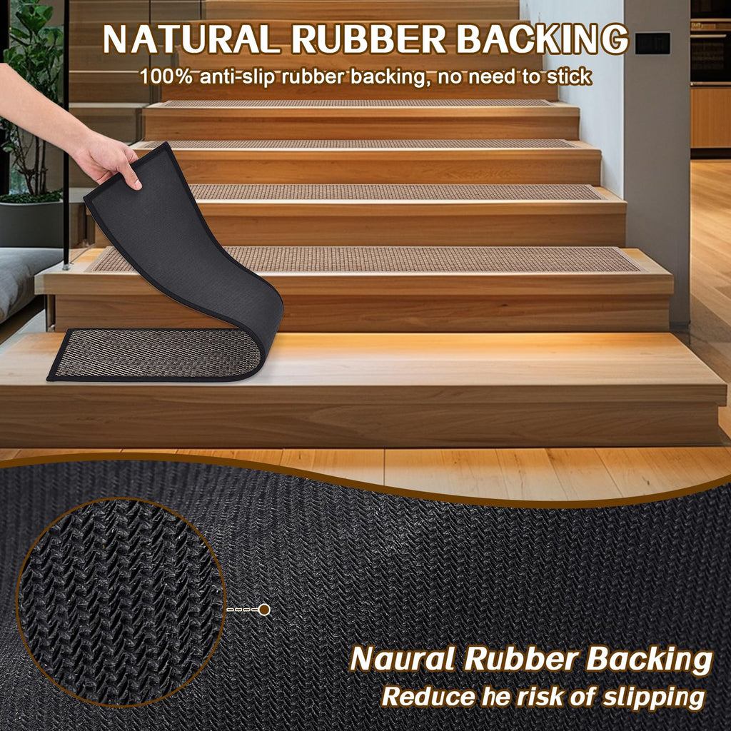 Non Slip Stair Treads for Wooden Steps, Square Rubber Backing Non Slip Stair Landing Mat, Thicken Linen Carpet Stair Runners Indoor, No Residue Stair Carpet Treads, 29"x29", Beige