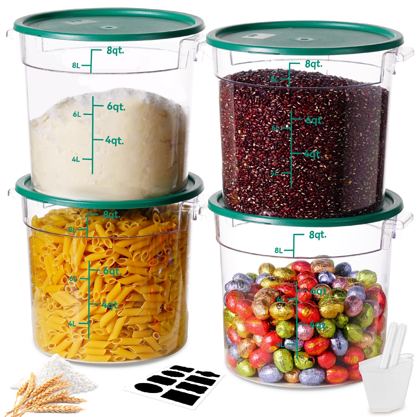 4QT NSF Food Storage Containers: 8 PCS [Food Grade][Hot&Cold Resistant] Commercial Clear Food Storage Containers with Lids for Restaurant Kitchen Proof Dough, Measuring Spoons Included(BPA FREE)