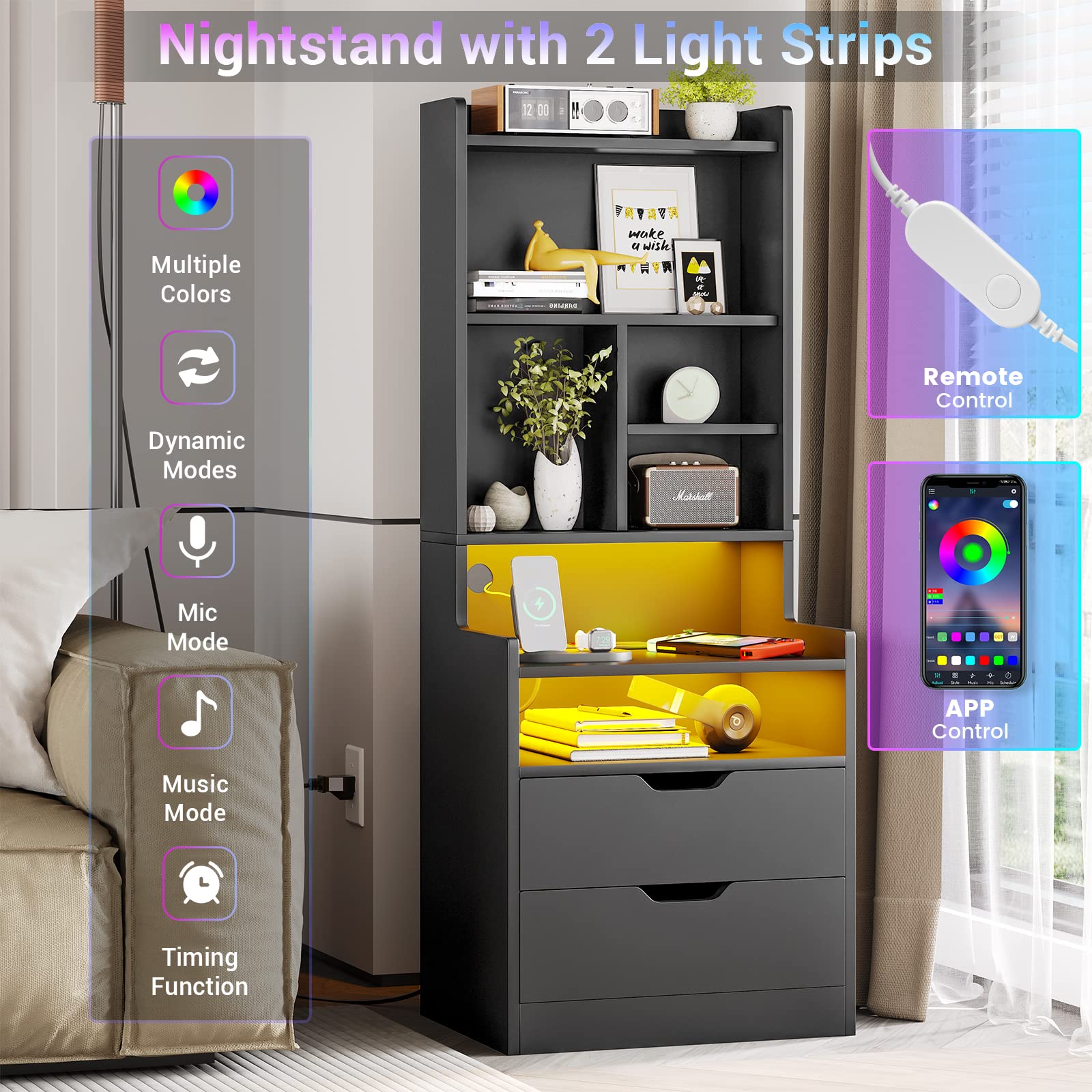 BTHFST Tall Nightstand with LED Lights and Charging Station, LED Black Nightstand with Shelves and 2 Drawers, Bedside Table with Bookshelf, Tall Side End Table with Storage