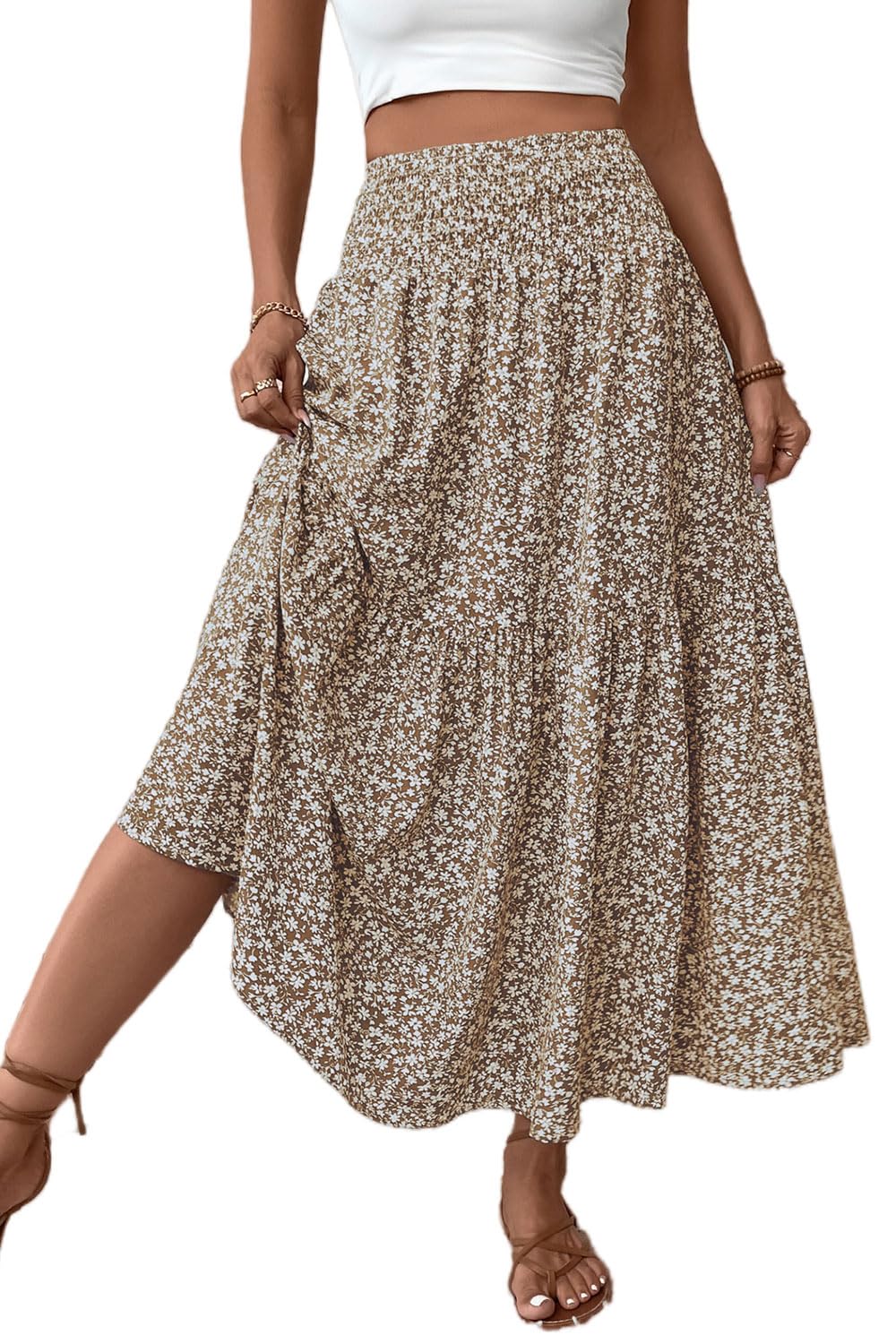 Women's Smocked High Waist Maxi Skirt Casual Boho Long Skirts with Pockets