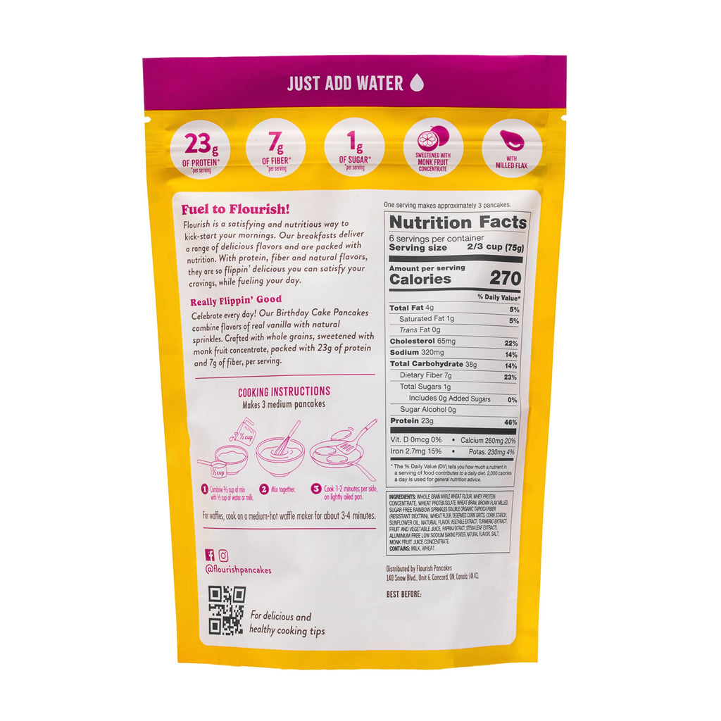 Flourish Protein Pancake & Waffle Mix, with Whey Protein & Flax Seed, No Added Sugar, High in Protein & Fiber - Just Add Water - Birthday Cake Flavour 16oz (2 pack)