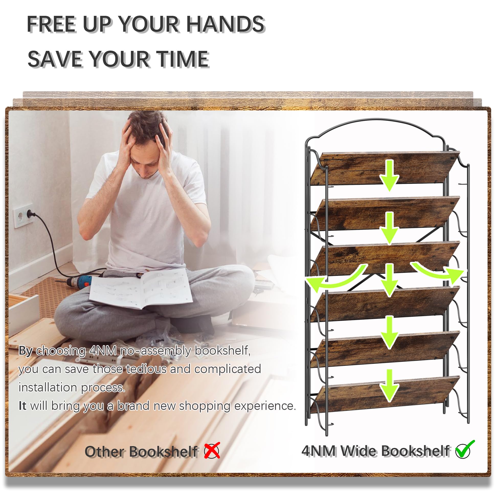 4NM No Assembly Folding Bookshelf, 3 Tiers Collapsible Book Shelves Open Industrial Foldable Storage Bookcase Shelf for Bedroom, Living Room, Home Office - Natural and White