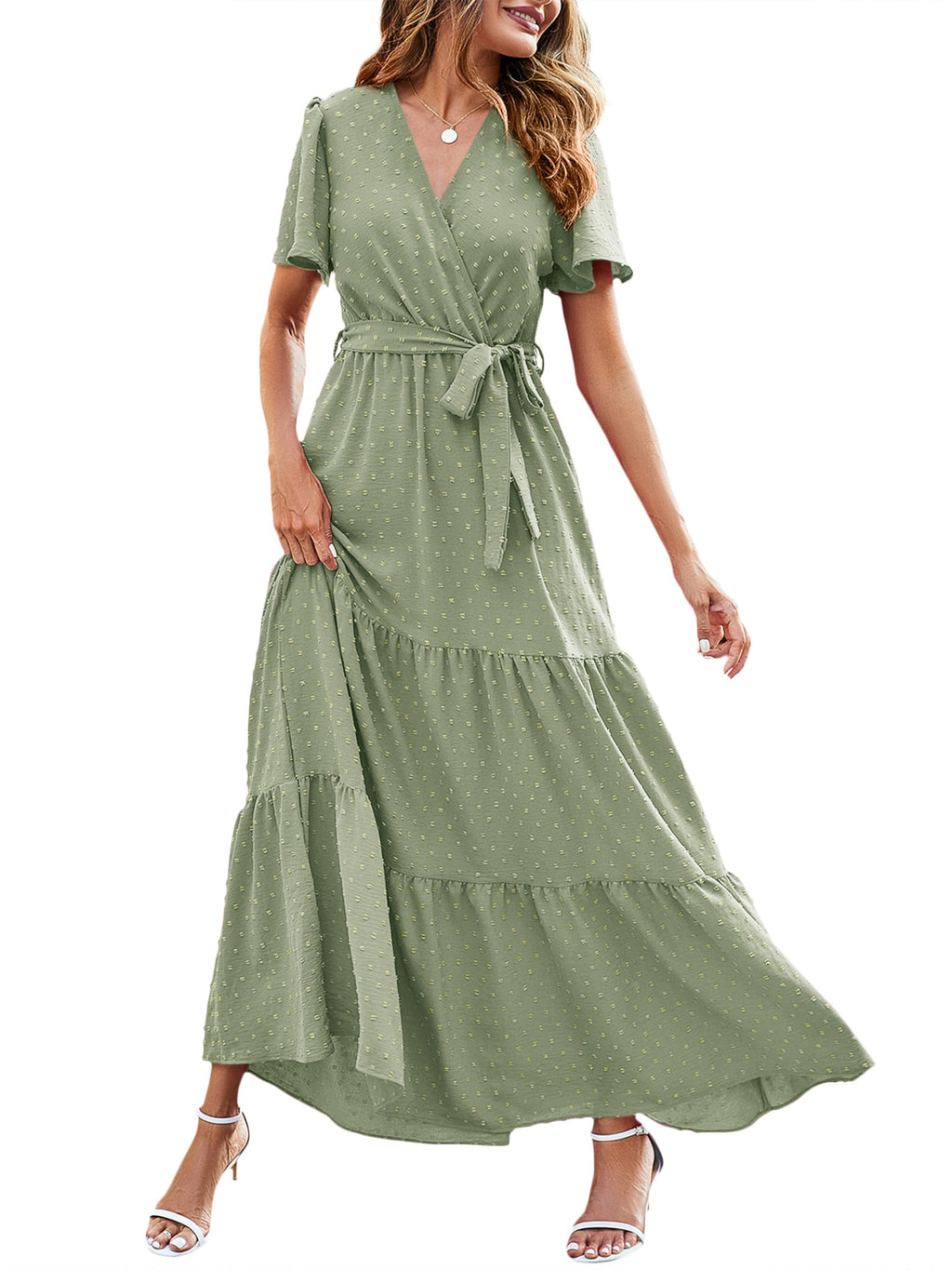 MASCOMODA Womens Summer Swiss Dot Maxi Dresses Wrap V Neck Flutter Short Sleeve Boho Casual Flowy Long Wedding Guest Dress