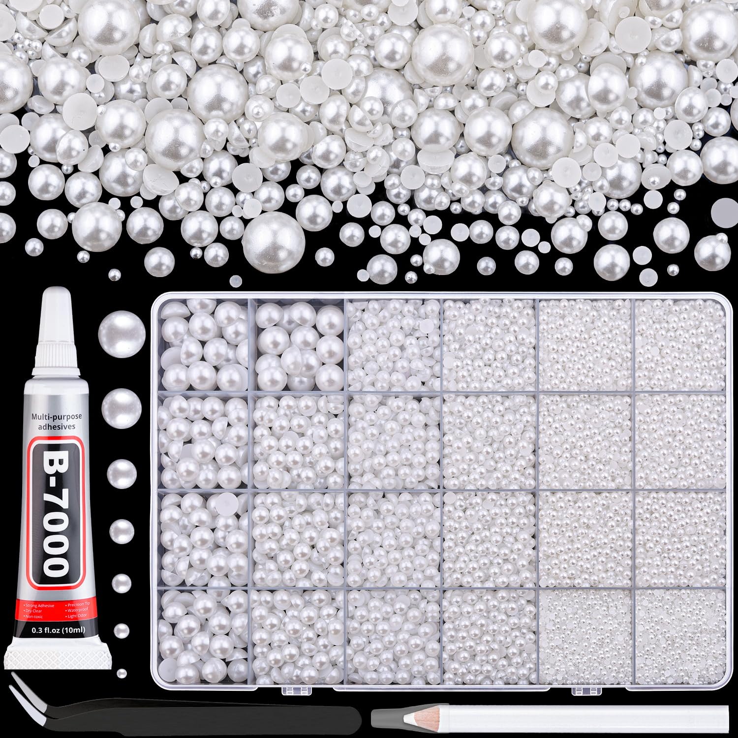 BELLEBOOST 5600pcs ABS Round Flat Back Beige Pearls Kit with Pickup Tools for Nail Art, Face, Body Decorations