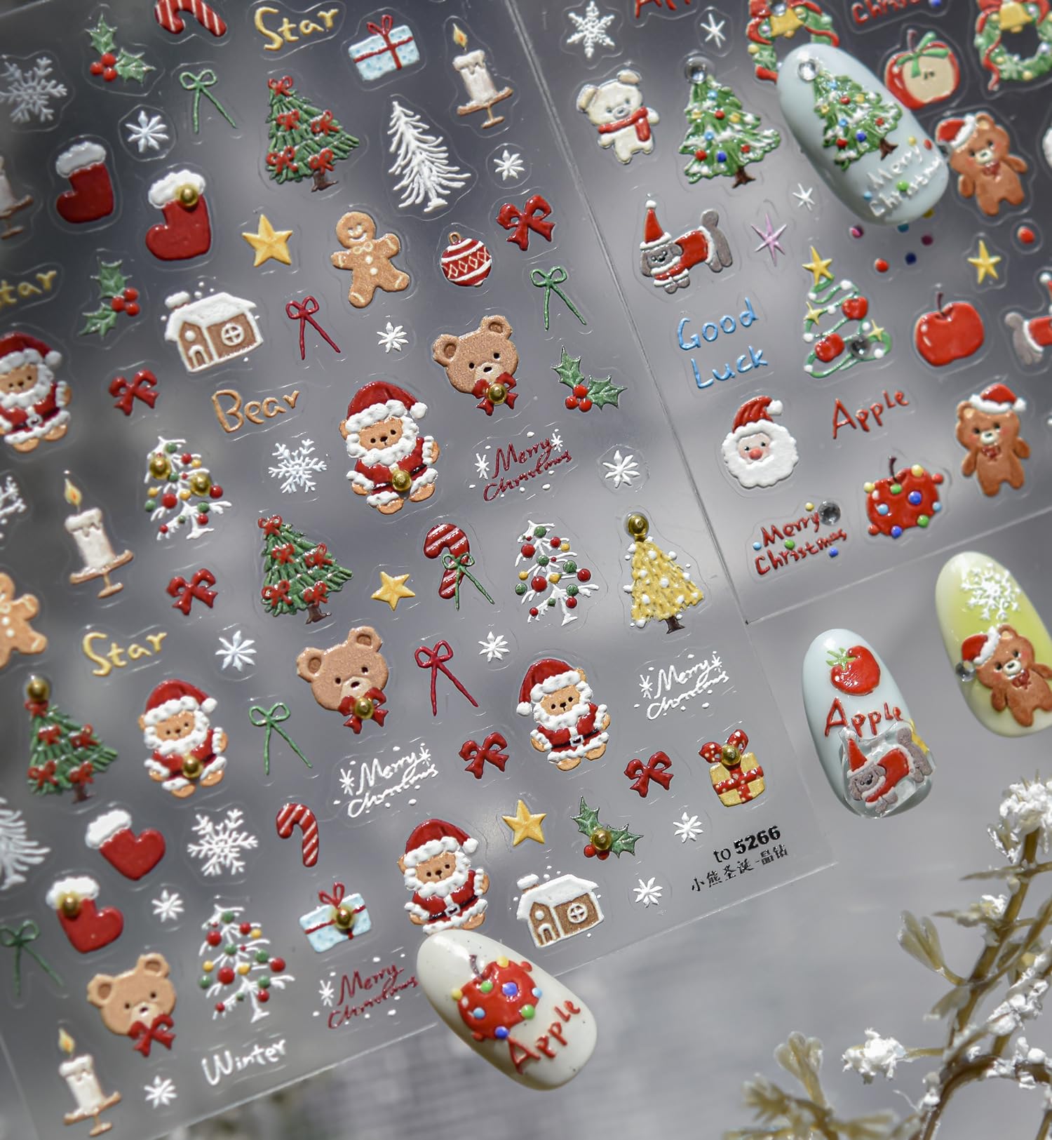 Christmas Nail Art Stickers Decals 5D Embossed Santa Claus Xmas Tree Nail Decals with Crystal 1PCS Cute Bear Bow Candy Cane Snowflake Christmas Nails Adhesive Stickers for Holiday Manicure Decorations