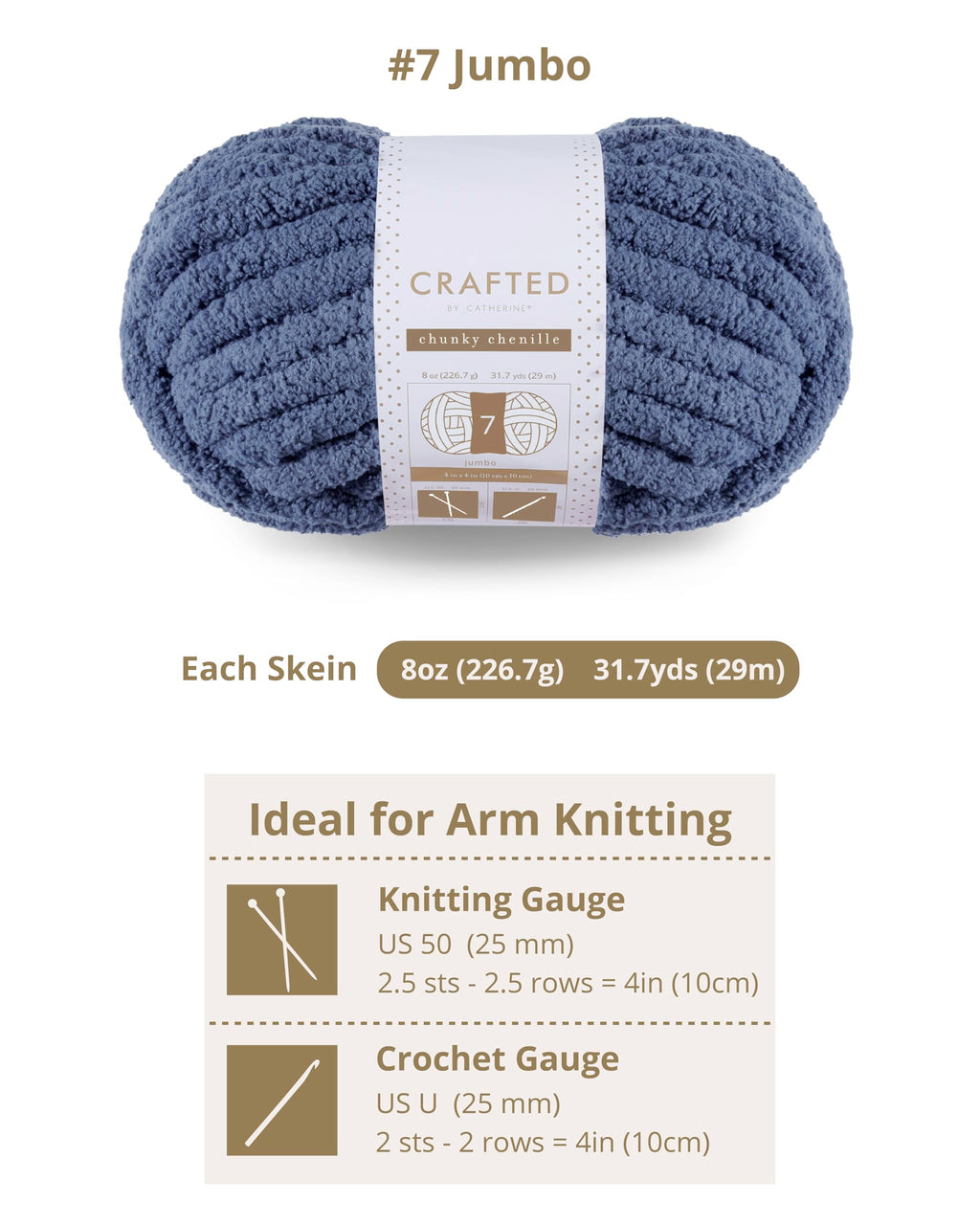 Crafted By Catherine Chunky Chenille Yarn - 2 Pack (8 oz / 227 g, 31.7 Yards Each Skein), Beige, Gauge 7 Jumbo