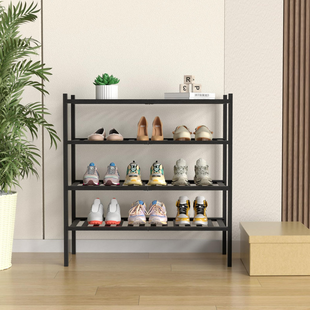 ROMGUAR CRAFT 2-Tier Bamboo Long Shoe Rack, Free Standing Wood Shoe Shelf Storage Organizer for Closet Entryway Stackable 35"x11"x13" (Black)