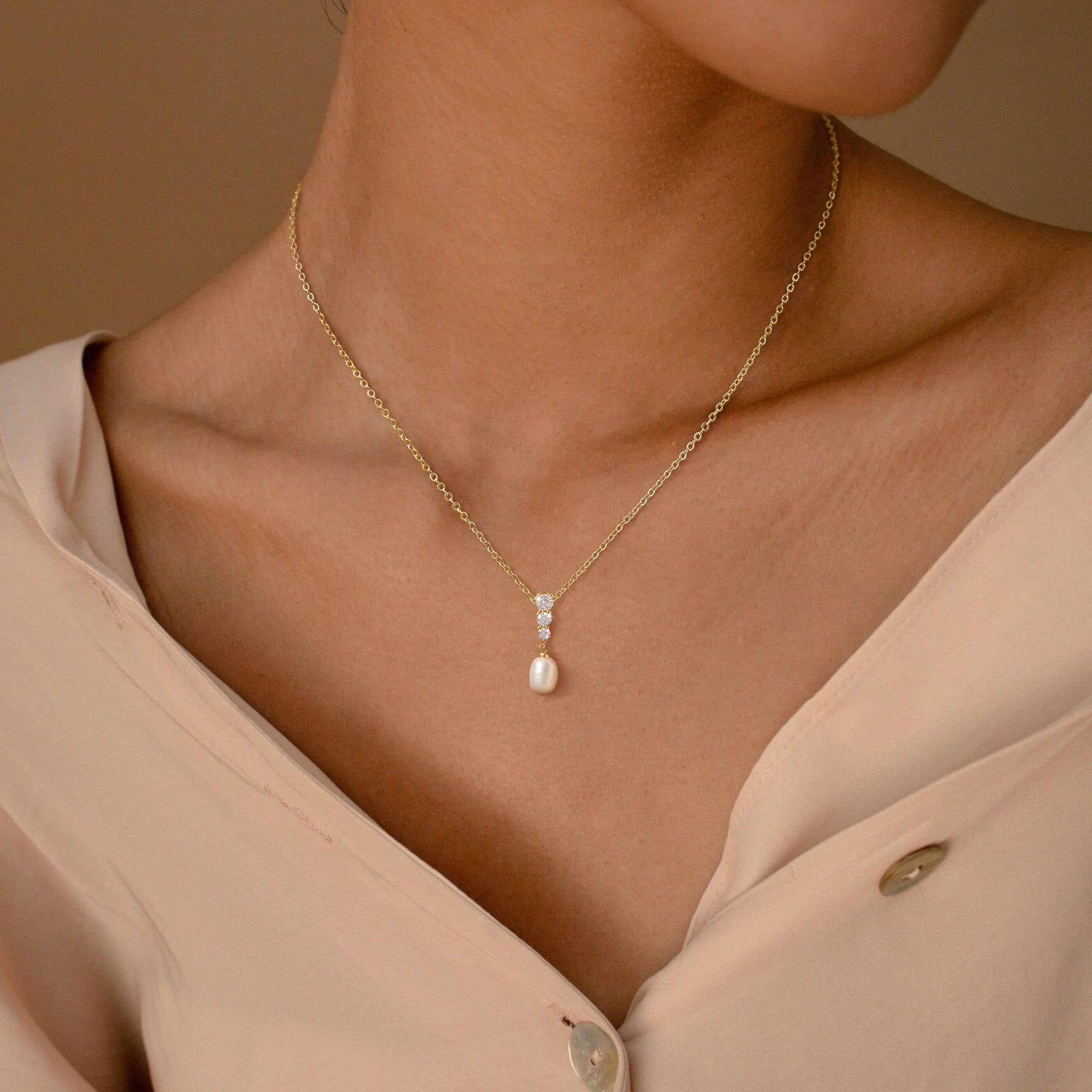 Pearl Necklace for Women Trendy,14k Gold Plated Necklace Dainty Wedding Necklace Small Cute Choker Necklace Gold Prom Drop Necklace Vintage Waterproof Jewelry for Women Prom Jewelry Fashion Gifts