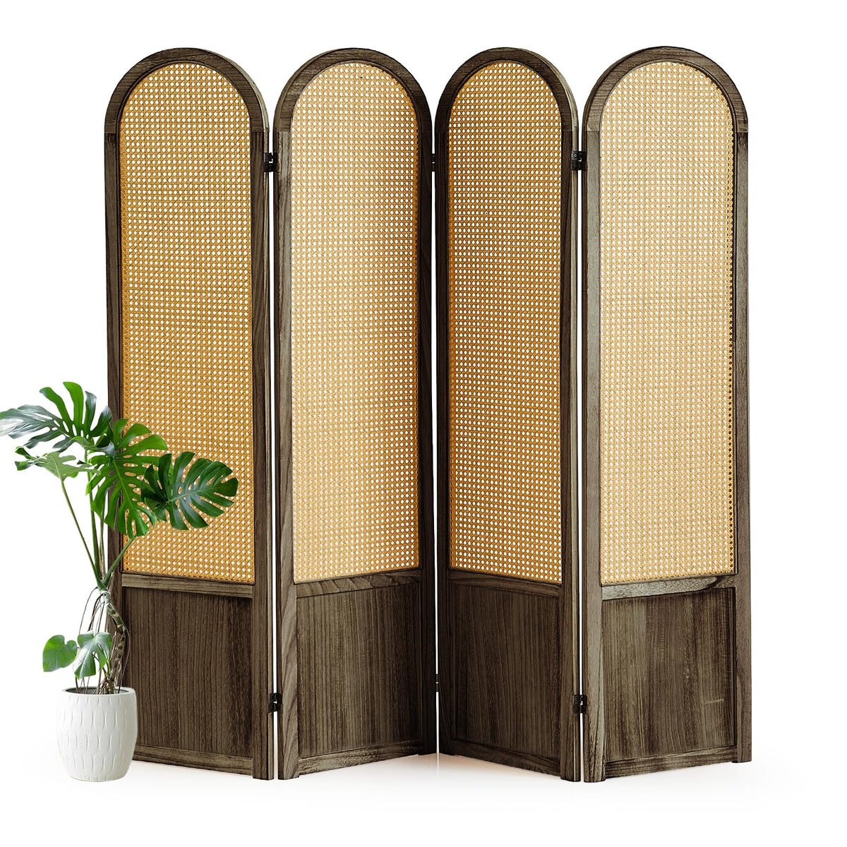 Hand-Woven Rattan Room Divider 3 Panels, 5.9 Ft Tall Wood Room Divider Panel, Partition Screen Divider Wall, Folding Privacy Screen, Wall Divider for Room Separation Home Office - Black