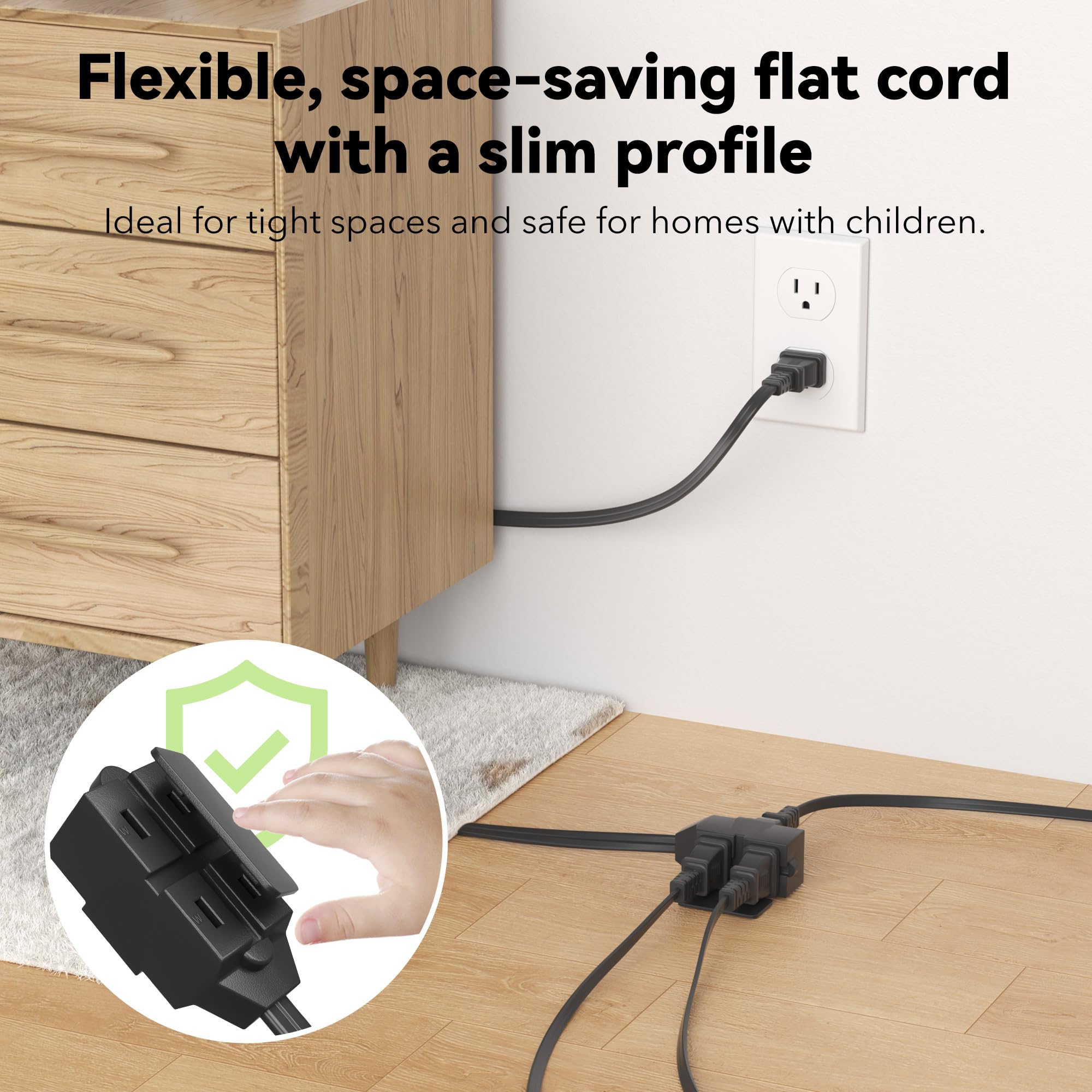 BN-LINK 6ft Indoor Extension Cord, 2 Pack, 3-Outlet Polarized Flat Cable, Household Power Cord for Home, Office, and Holiday Decorations, Black