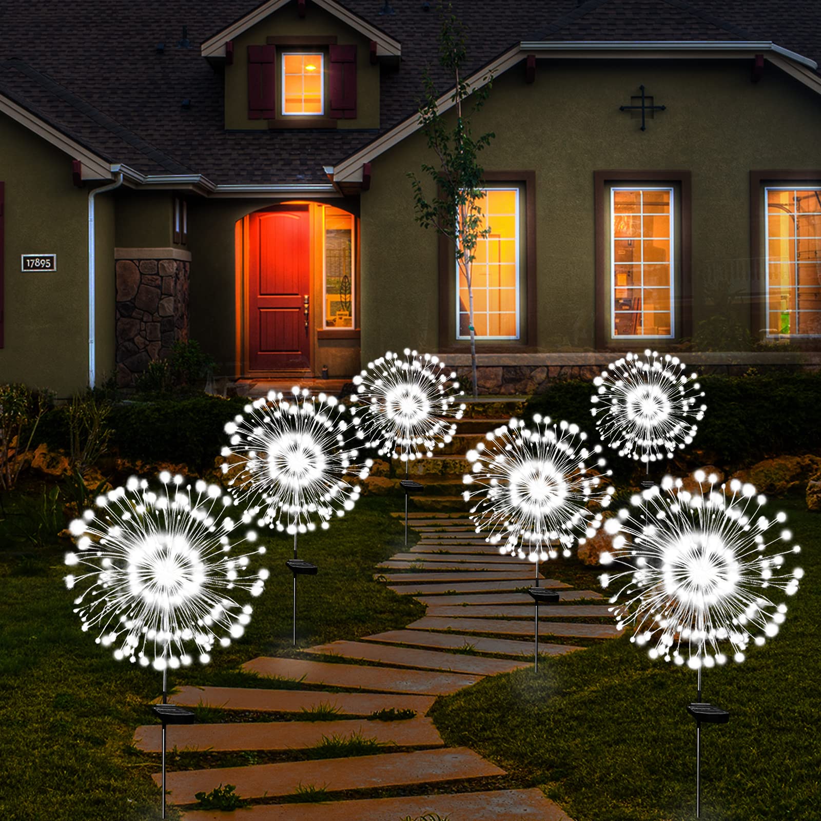 Solar Garden Firework Lights Outdoor Waterproof, 2 Pack Solar Powered Art Stake Twinkle Lighting for Outside Decor, 120 LED Sparklers String Lights for Yard Pathway Decorations(White)