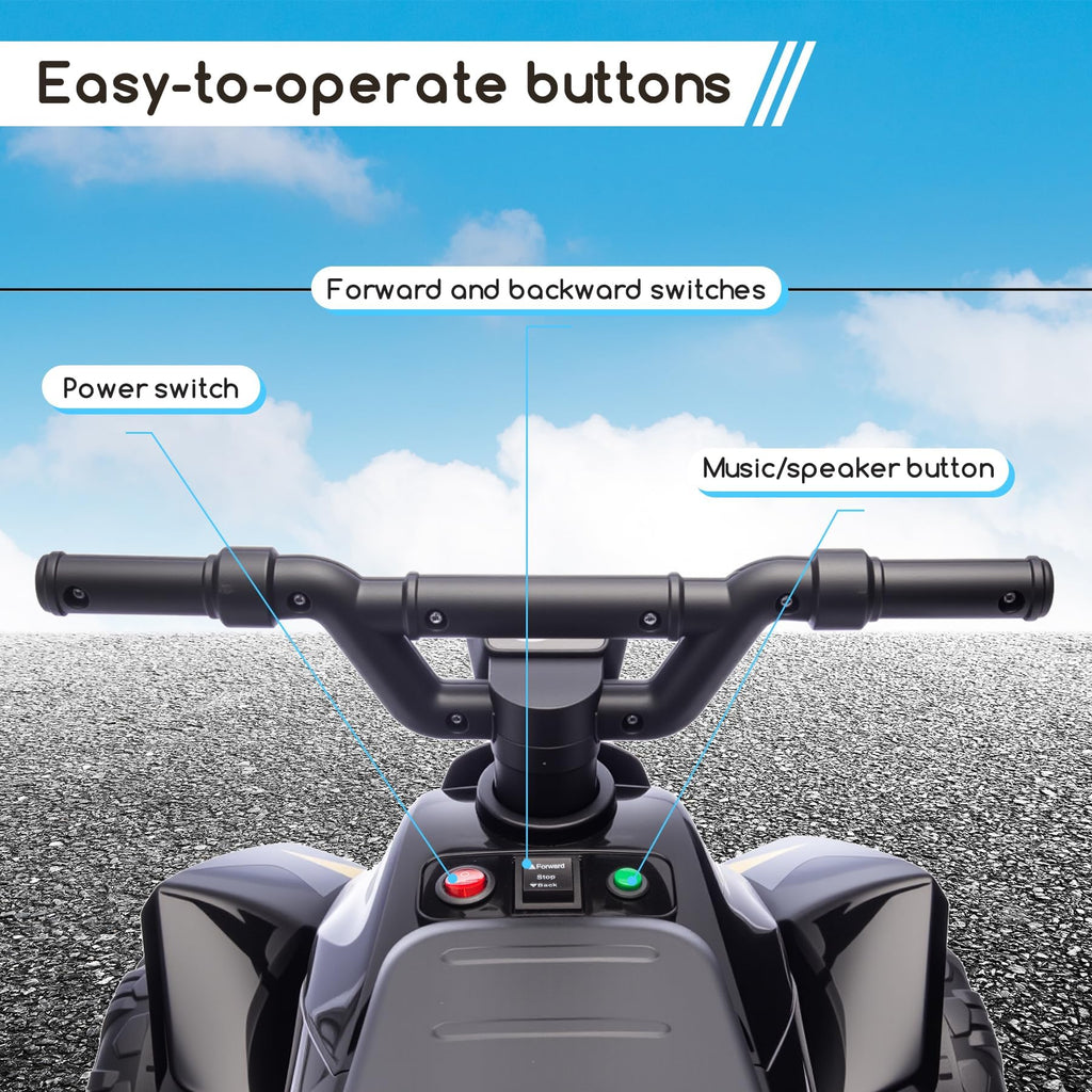 Kids Ride on ATV, 6V Battery Powered Kids Electric Vehicle, 4 Wheeler Quad w/Headlights, MP3, USB, Volume Control, Large Seat, Electric Ride on Toys Best Gifts for 18-36 Months Boys Girls (Black)