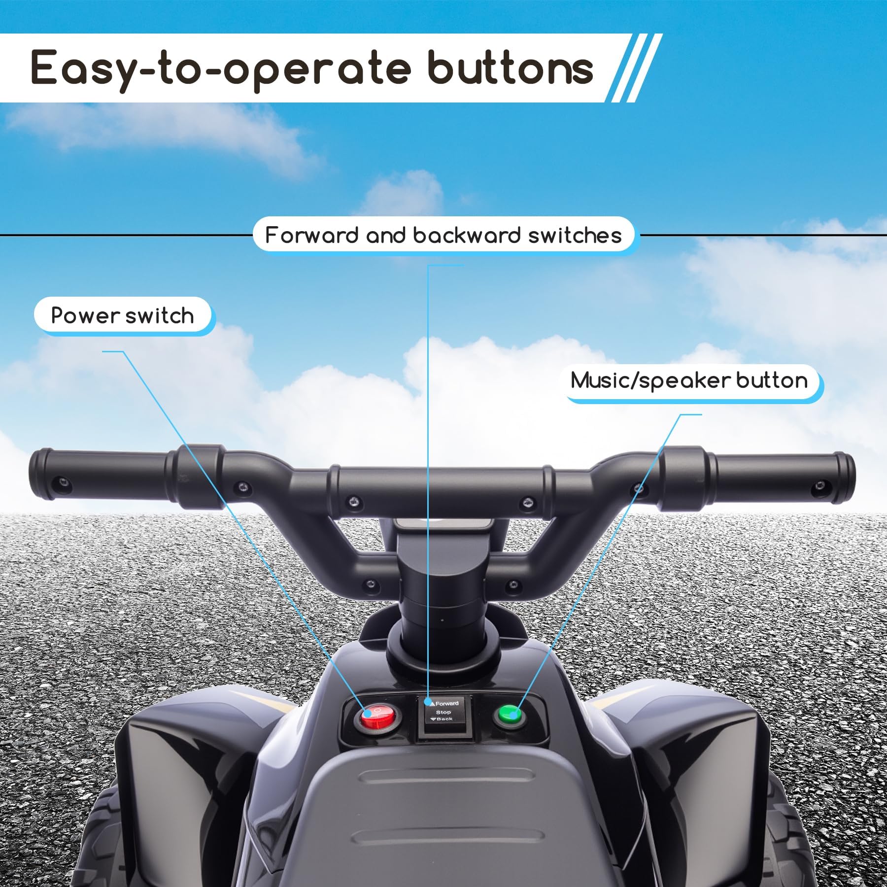 Kids Ride on ATV, 6V Battery Powered Kids Electric Vehicle, 4 Wheeler Quad w/Headlights, MP3, USB, Volume Control, Large Seat, Electric Ride on Toys Best Gifts for 18-36 Months Boys Girls (Black)