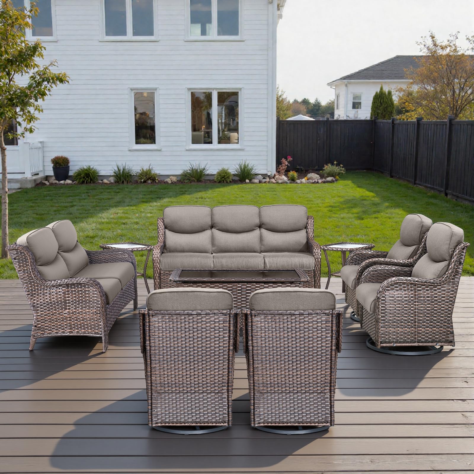 Swivel Patio Chairs Set of 2 with 5" Thick Cushion - Wicker Outdoor Swivel Rocker Patio Chairs, High Back Comfortable Outdoor Glider Chair for Balcony, Porch, Deck, Poolside - Brown/Beige
