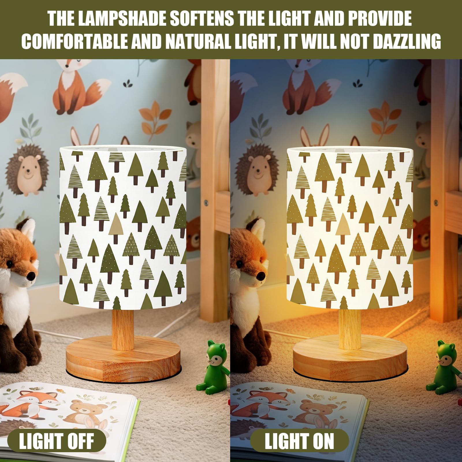 VIHOSE Woodland Animals Kids Table Lamp for Bedroom Kids Bedside Lamp with Linen Wooden Nightstand Cartoon Nursery Lampshade for Girls Boys Living Room