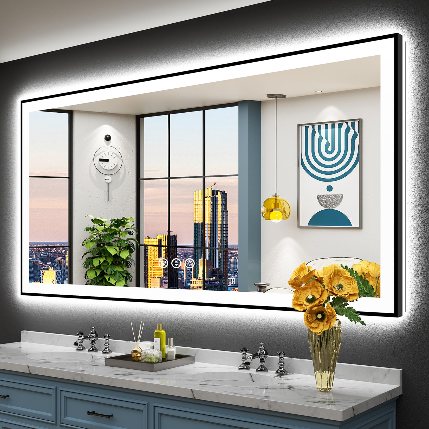 24x32 Black Framed LED Bathroom Mirror with Lights, Backlit and Front Lit Anti-Fog Lighted Vanity Mirrors for Bathroom Wall, Dimmable, 3 Colors, Memory, HD Tempered Glass, Horizontal/Vertical