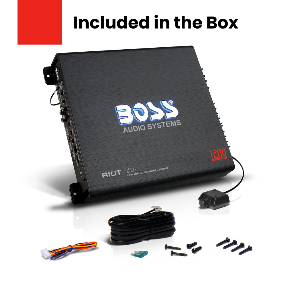 BOSS Audio Systems R1004 Riot Series 4 Channel Class A/B Car Amplifier - 400 High Output, IC (Integrated Circuit), Hook Up to Subwoofer for Bass