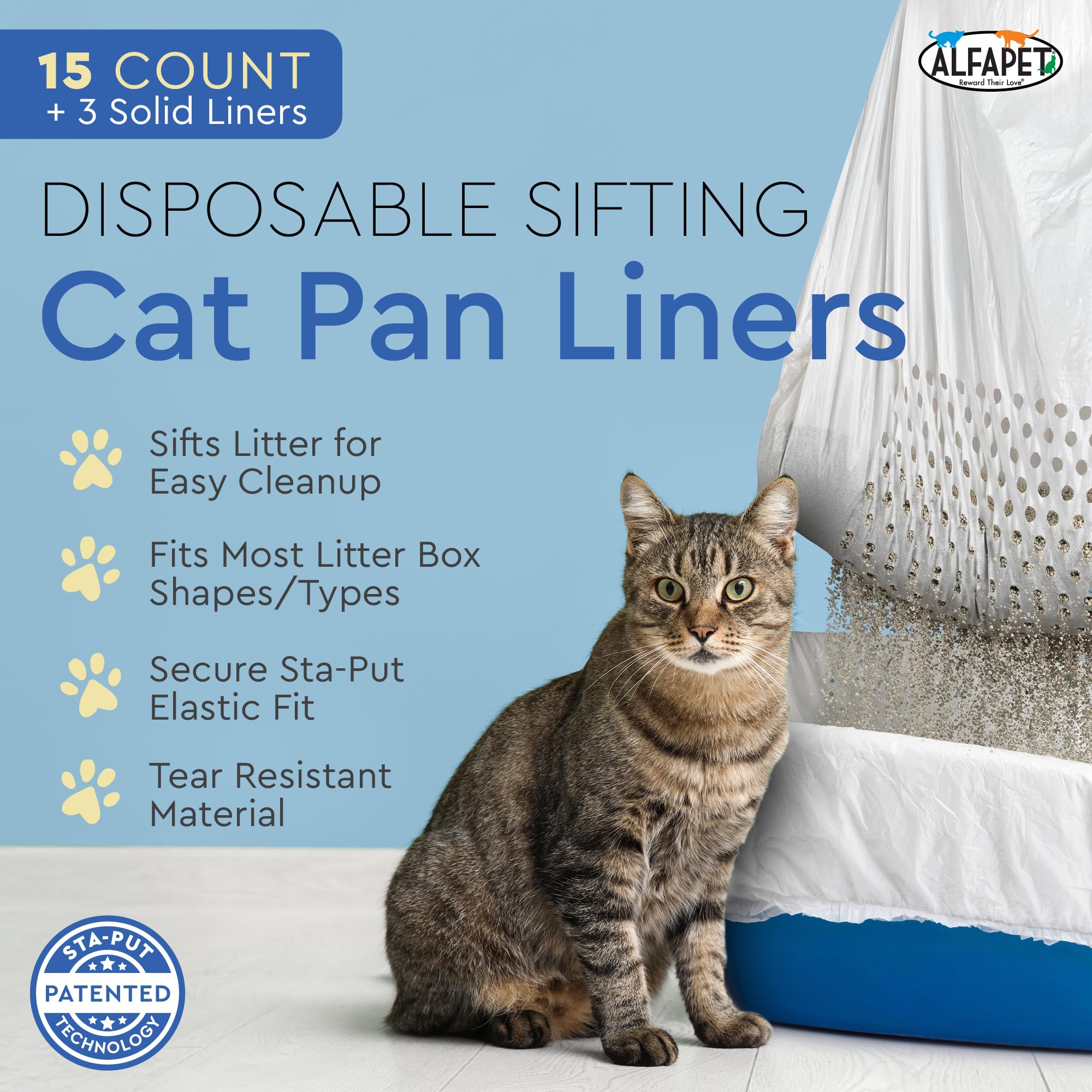 Alfapet Sifting Cat Litter Box Liners - Jumbo 15 Count, Pack of 5 - Tear-Resistant Cat Litter Bags, Waterproof Kitty Litter Liners, Fits Litterbox Pan Sizes X-Large, X-Giant, 37" x 18" 30 lb Capacity