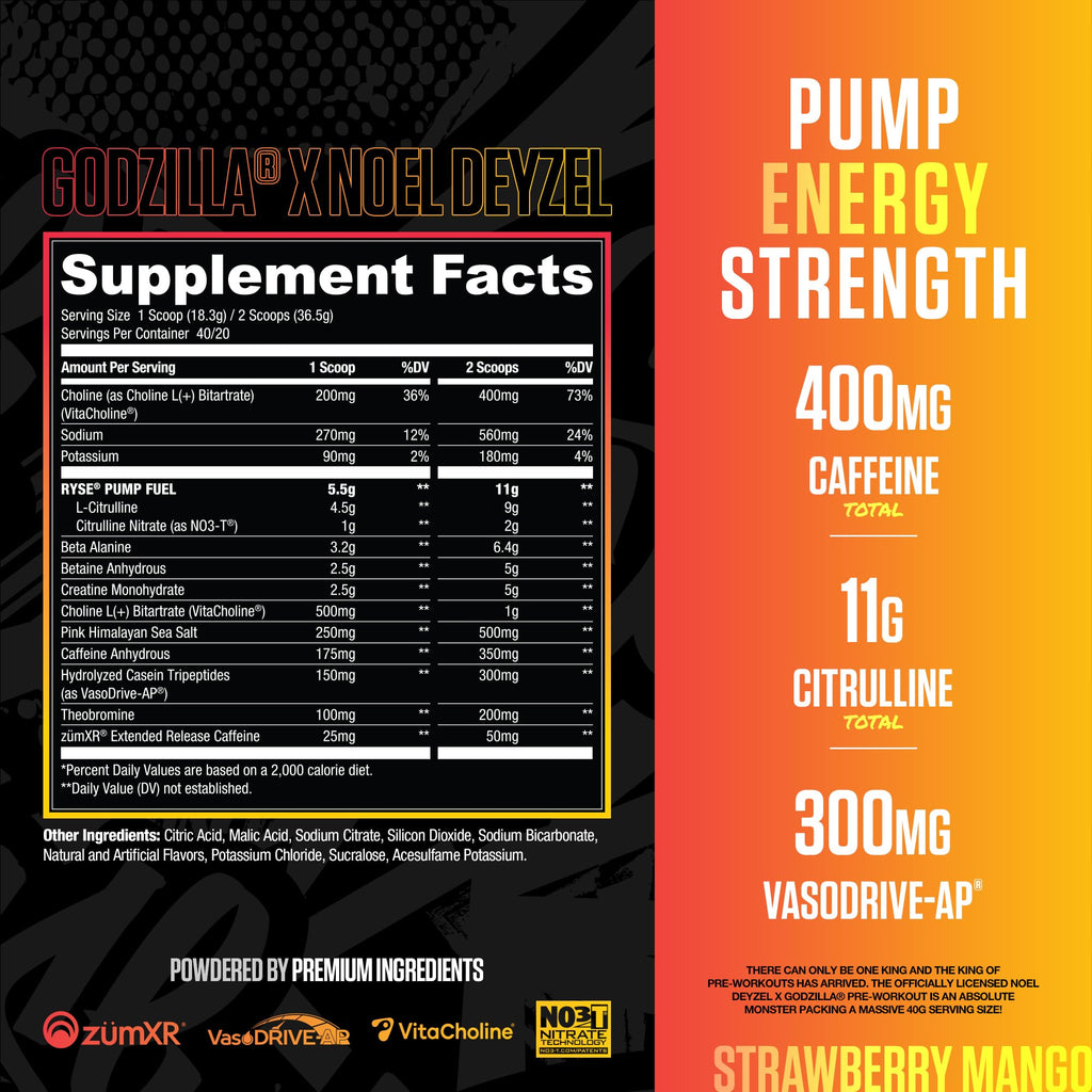 RYSE Godzilla X Noel Deyzel Pre Workout Powder - BlackBerry Lemonade - 400mg Caffeine, High Stim Pre-Workout for Men & Women with Citrulline & Beta Alanine - Energy, Pump & Focus - 20/40 Servings