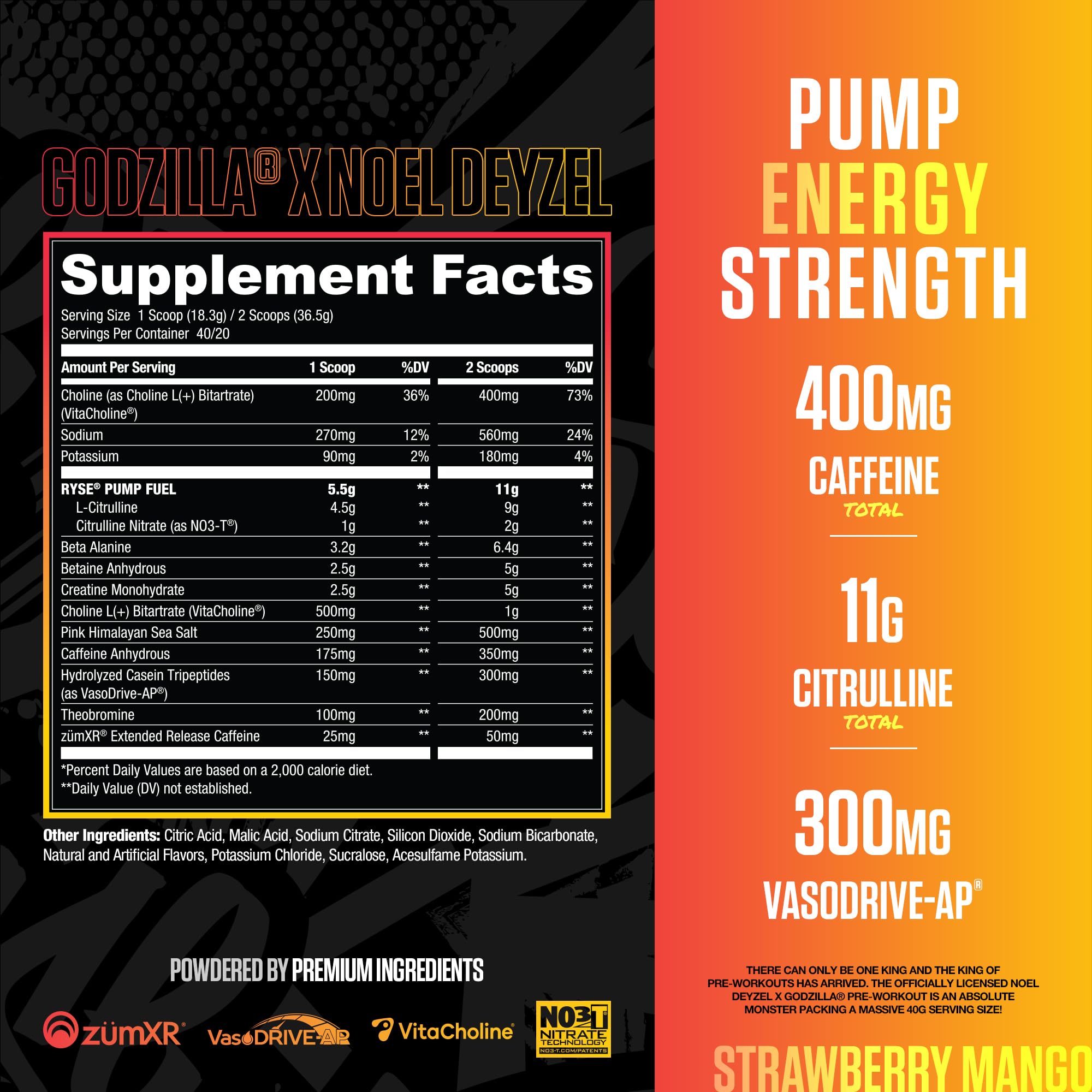 RYSE Godzilla X Noel Deyzel Pre Workout Powder - BlackBerry Lemonade - 400mg Caffeine, High Stim Pre-Workout for Men & Women with Citrulline & Beta Alanine - Energy, Pump & Focus - 20/40 Servings