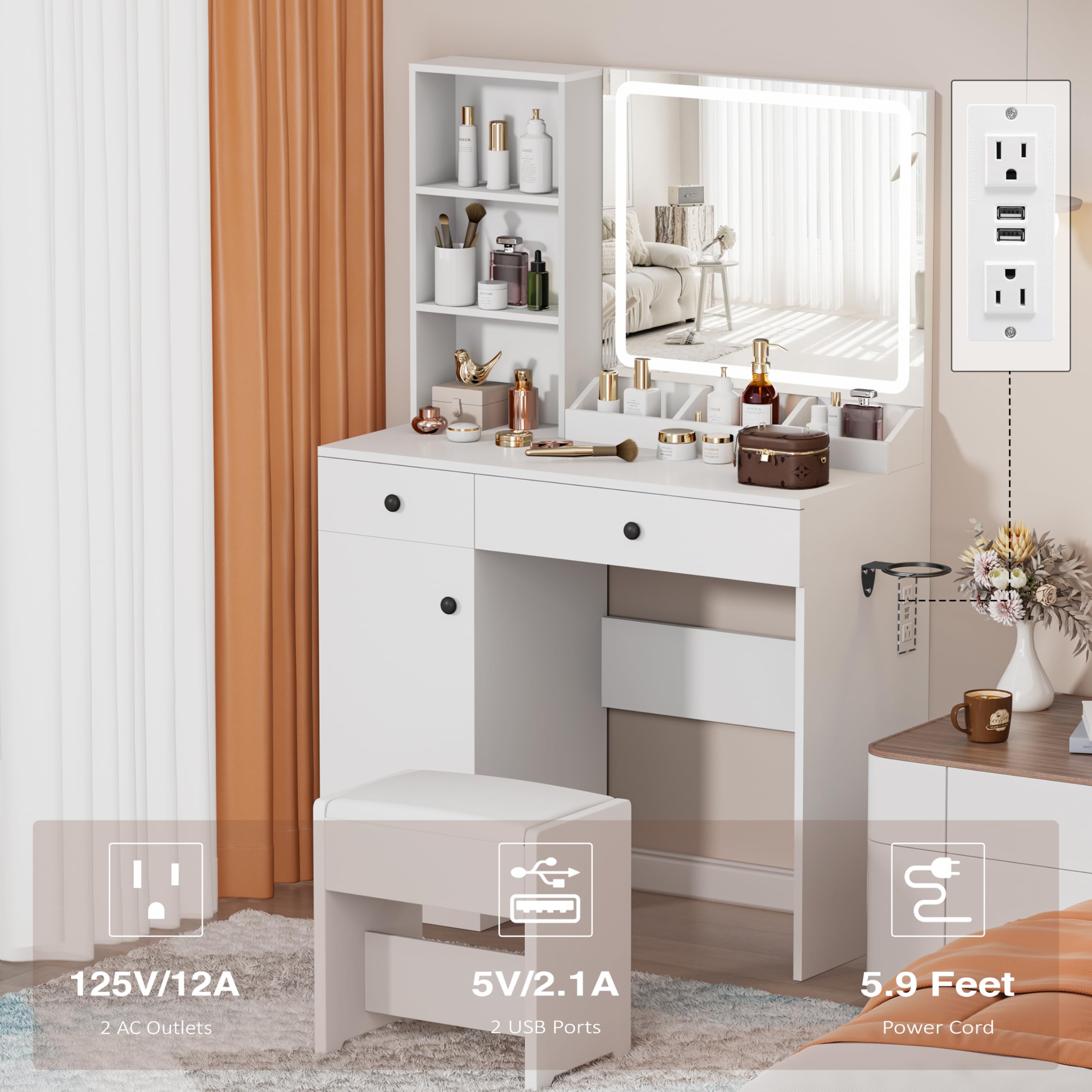 YIKEHOME Makeup Vanity Desk with Mirror and 10 Lights, 3-Colour Hollywood Brighter Bulbs, Vanity Table Set with Large Drawers and and Charging Station for Bedroom Dressing Room White
