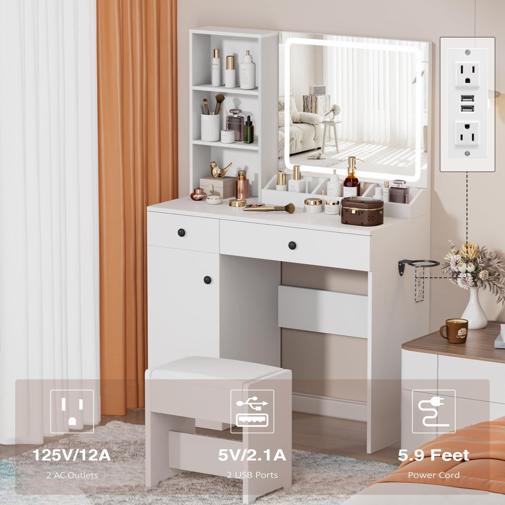YIKEHOME Makeup Vanity Desk with Mirror and 10 Lights, 3-Colour Hollywood Brighter Bulbs, Vanity Table Set with Large Drawers and and Charging Station for Bedroom Dressing Room White