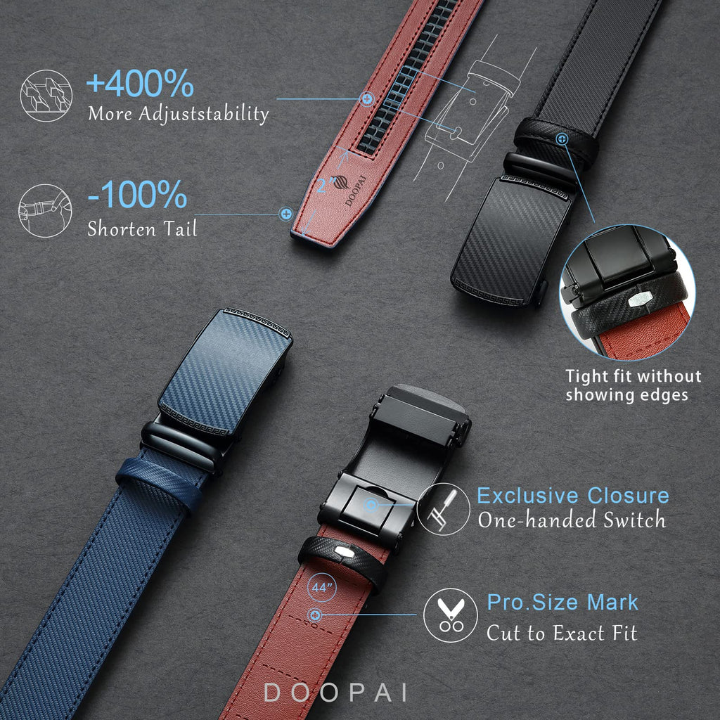 DOOPAI Men's 2 Pack Ratchet Dress Belt - Adjustable 1 3/8" Genuine Leather, Size Length Can Be Cut, With Gift Box