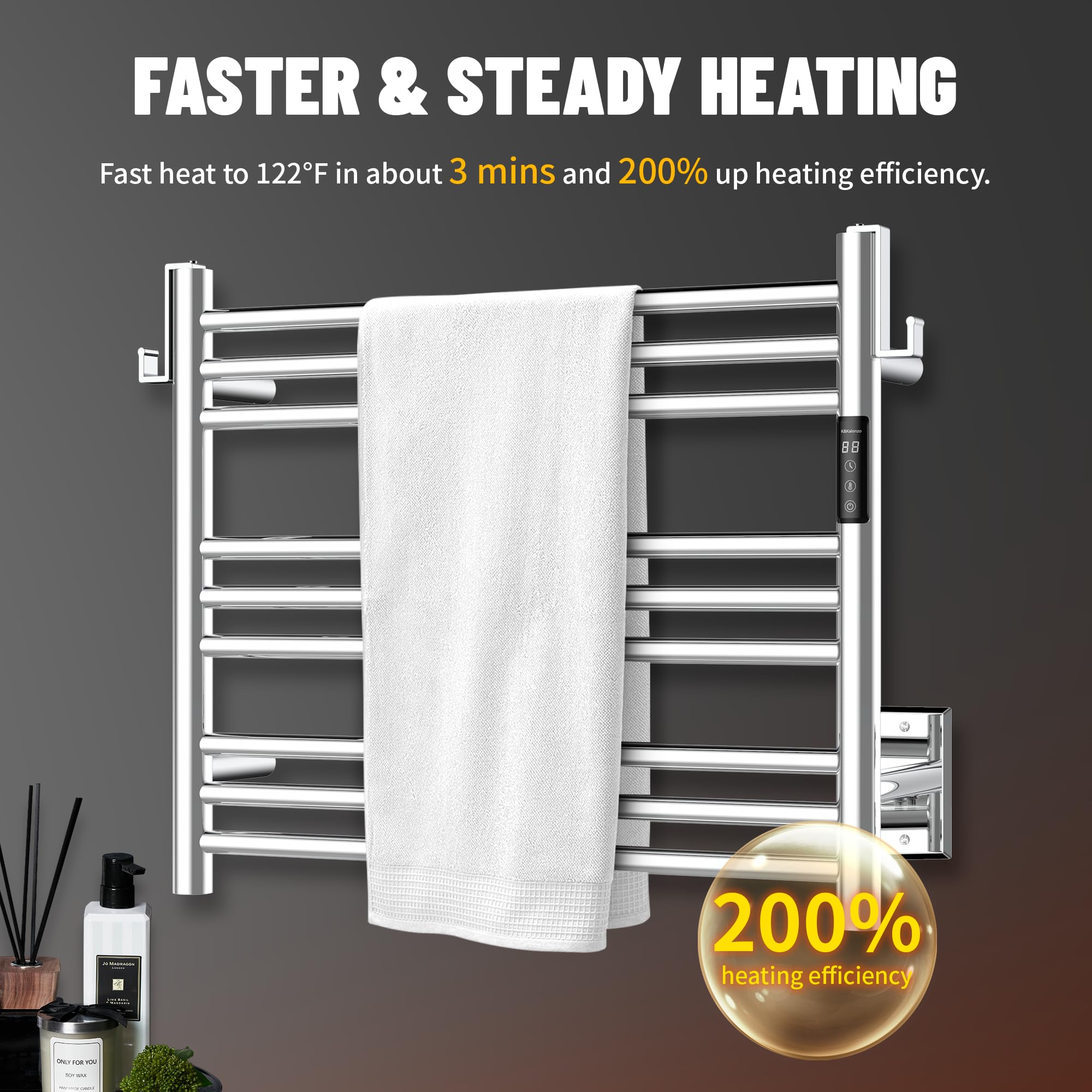 K&KALONZO Wall-Mounted 9-Bar Heated Towel Rack, Fast Heat in 2 Min, NTC Safety | 4 Timers & 3 Heat Levels Control, Plug-In/Hardwired, Top Hooks, Memory Function, Anti-Scald, Stainless Steel, EL13ML
