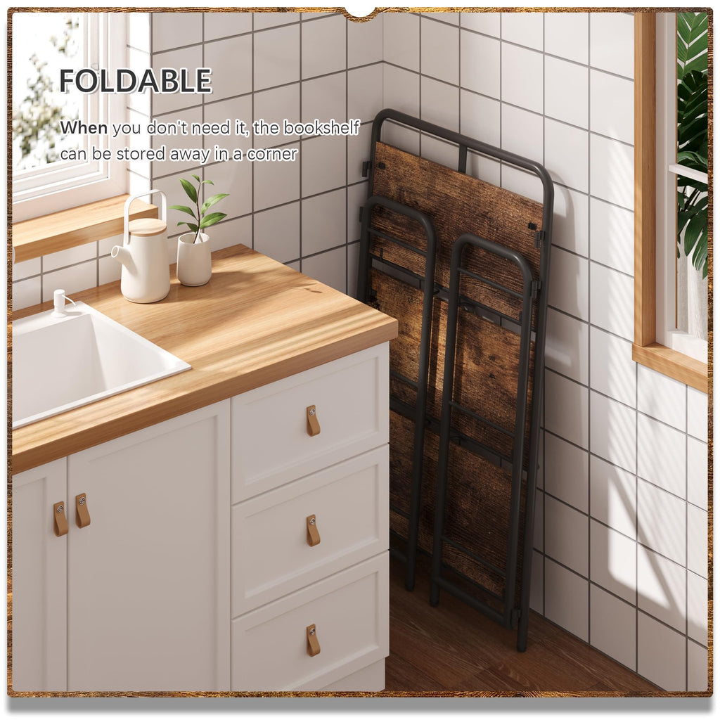 4NM No Assembly Folding Bookshelf, 3 Tiers Collapsible Book Shelves Open Industrial Foldable Storage Bookcase Shelf for Bedroom, Living Room, Home Office - Natural and White