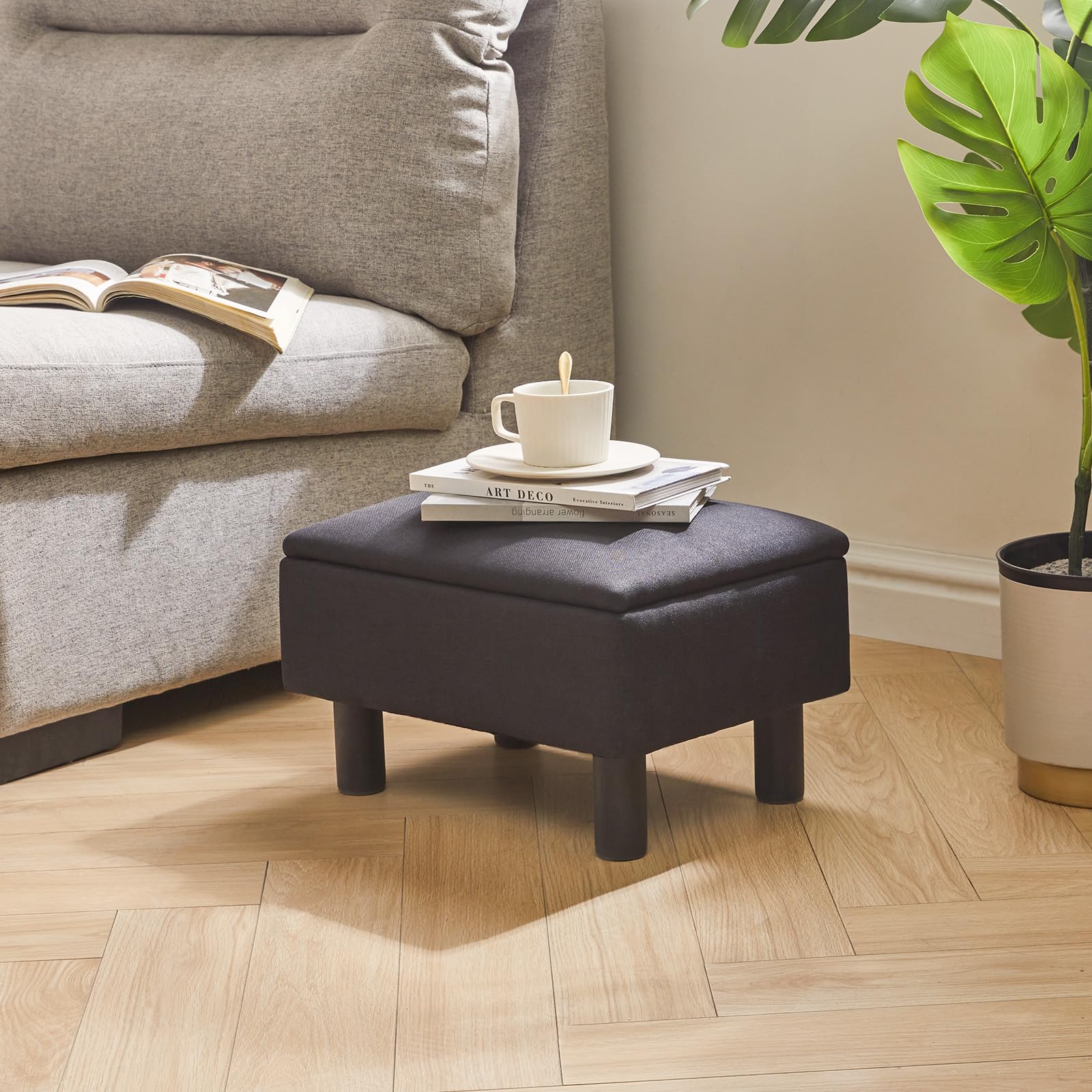 IBUYKE 16.54" Small Footstool, PU Faux Leather Step Stool, with Padded Seat Pine Wood Legs and Padded Rectangular Stool, for Bedroom, Black RF-BD210