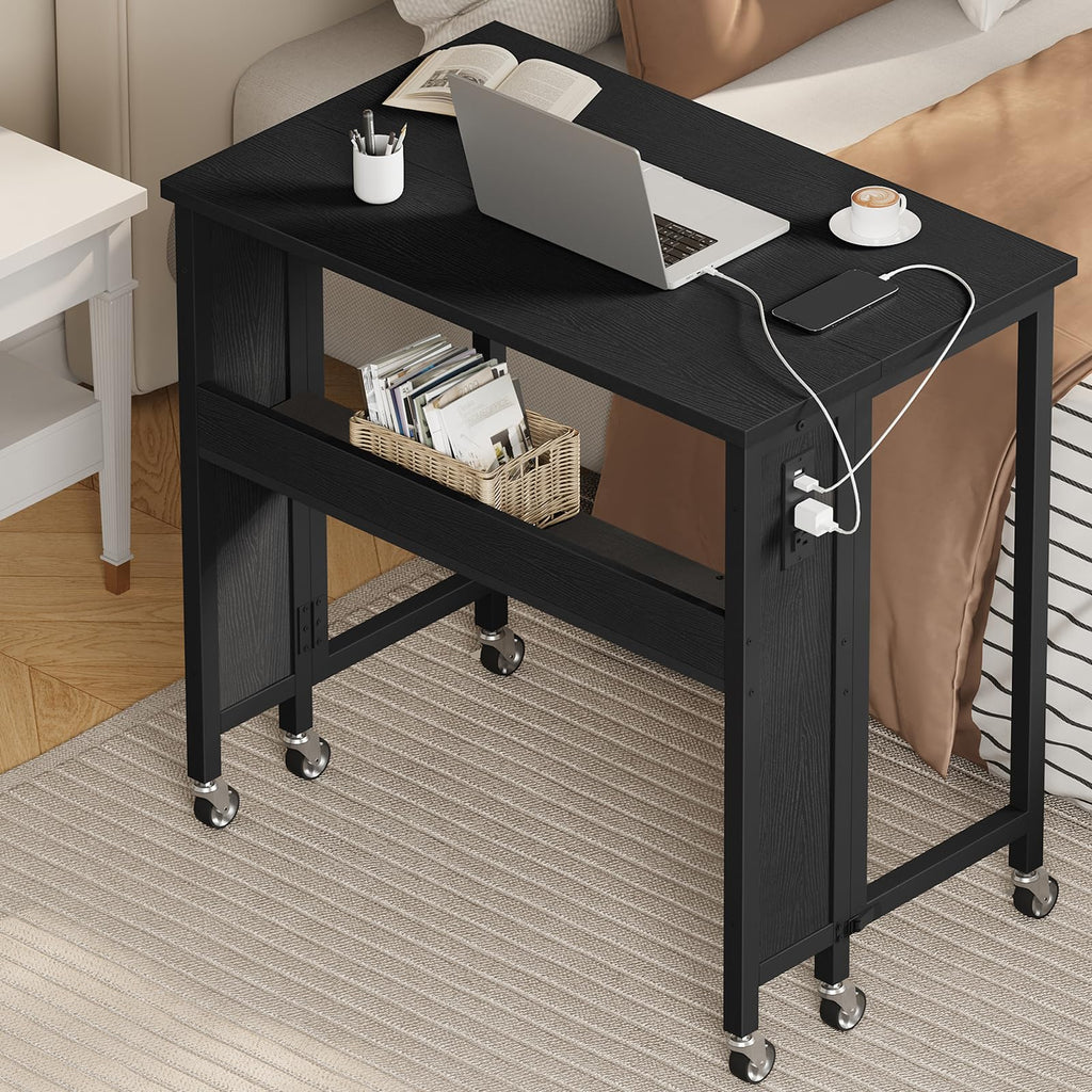 CHOEZON Folding Desk with Power Outlets, 31.5" Rolling Computer Table with Wheels, Portable Office Desk with Storage Shelf for Small Spaces Black TDN01UBB