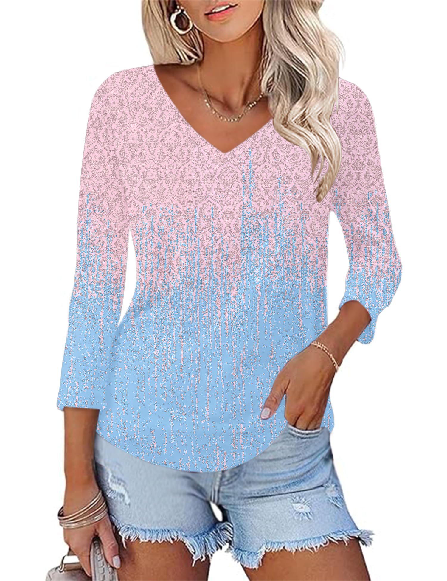 KTILG Women's V Neck T Shirts 3/4 Sleeve Blouse Summer Tops Dressy Casual Solid Basic Tees