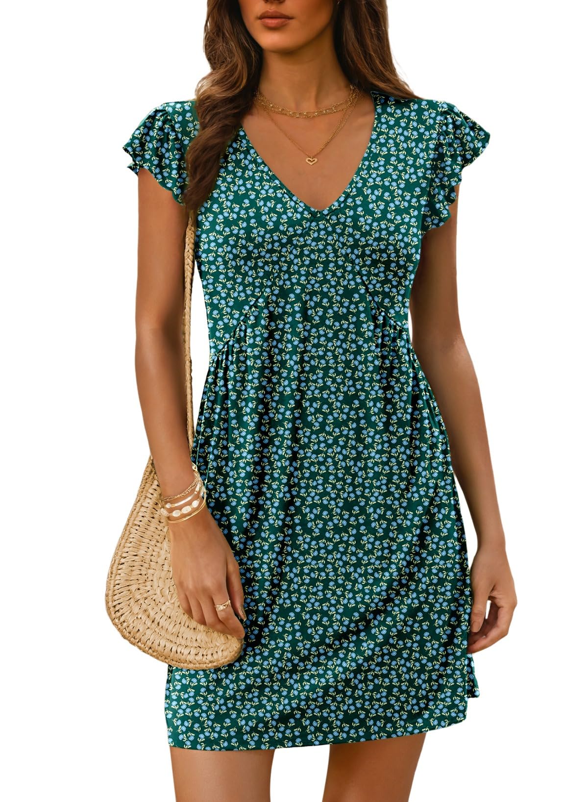 Dokotoo Women's Summer Dresses Beach 2026 Casual Deep V Neck Loose Sundress Ruffle Sleeve Mini Dress