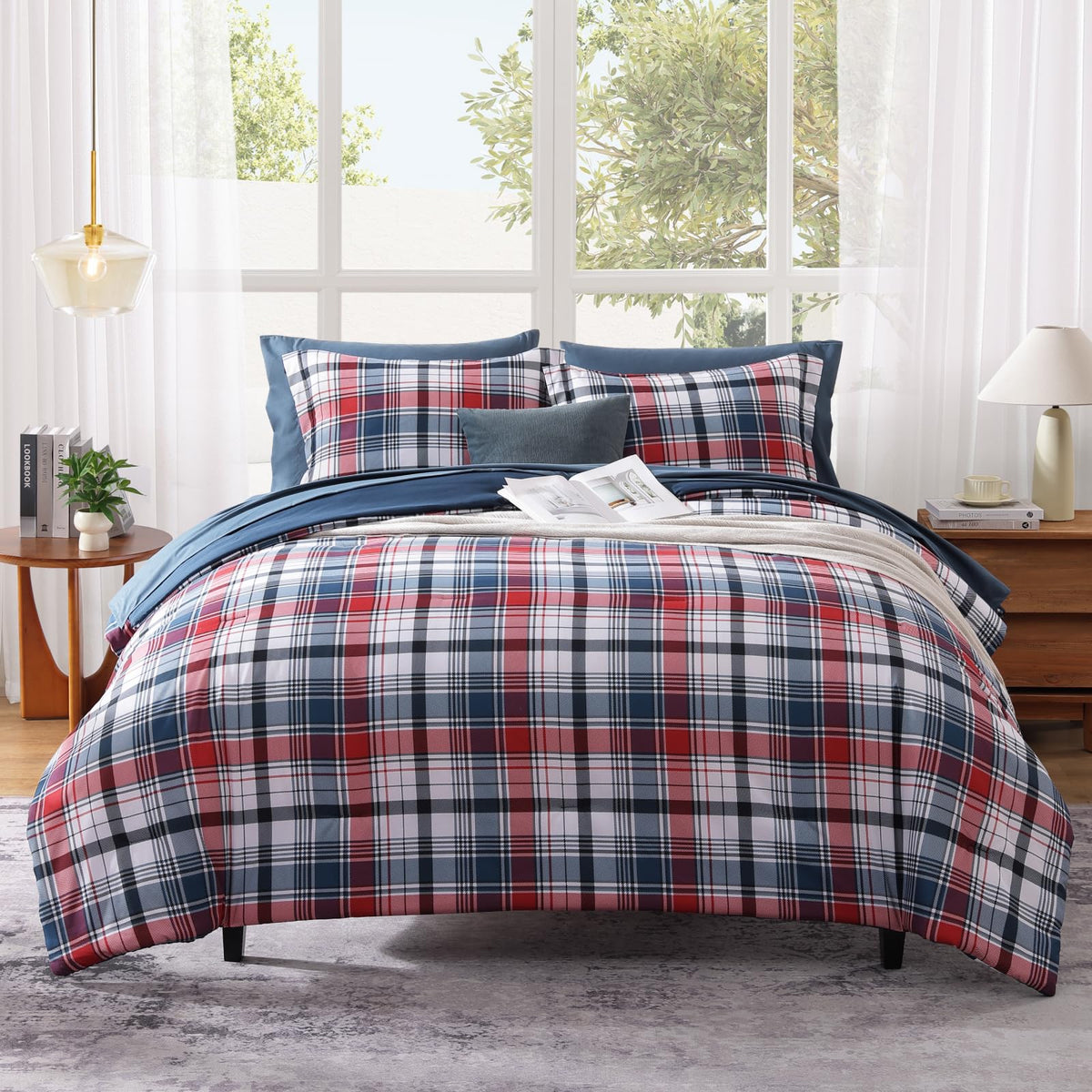 MaiRêve Queen Comforter Set, Classic Plaid Farmhouse Bedding Sets 7 Pieces, Beige All Season Bed in A Bag with Sheets, Pillowcases & Shams