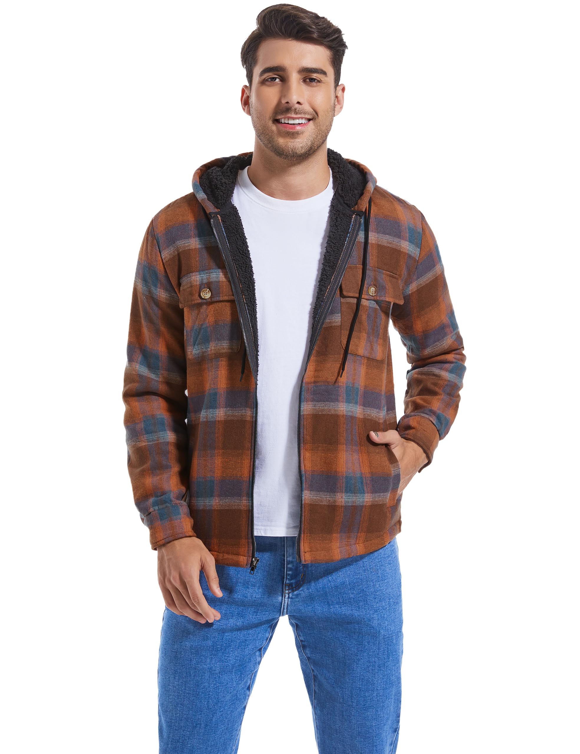 Men's Flannel Plaid Hooded Jackets Full Zip Sherpa Fleece Lined Hoodies Fashion Warm Coat