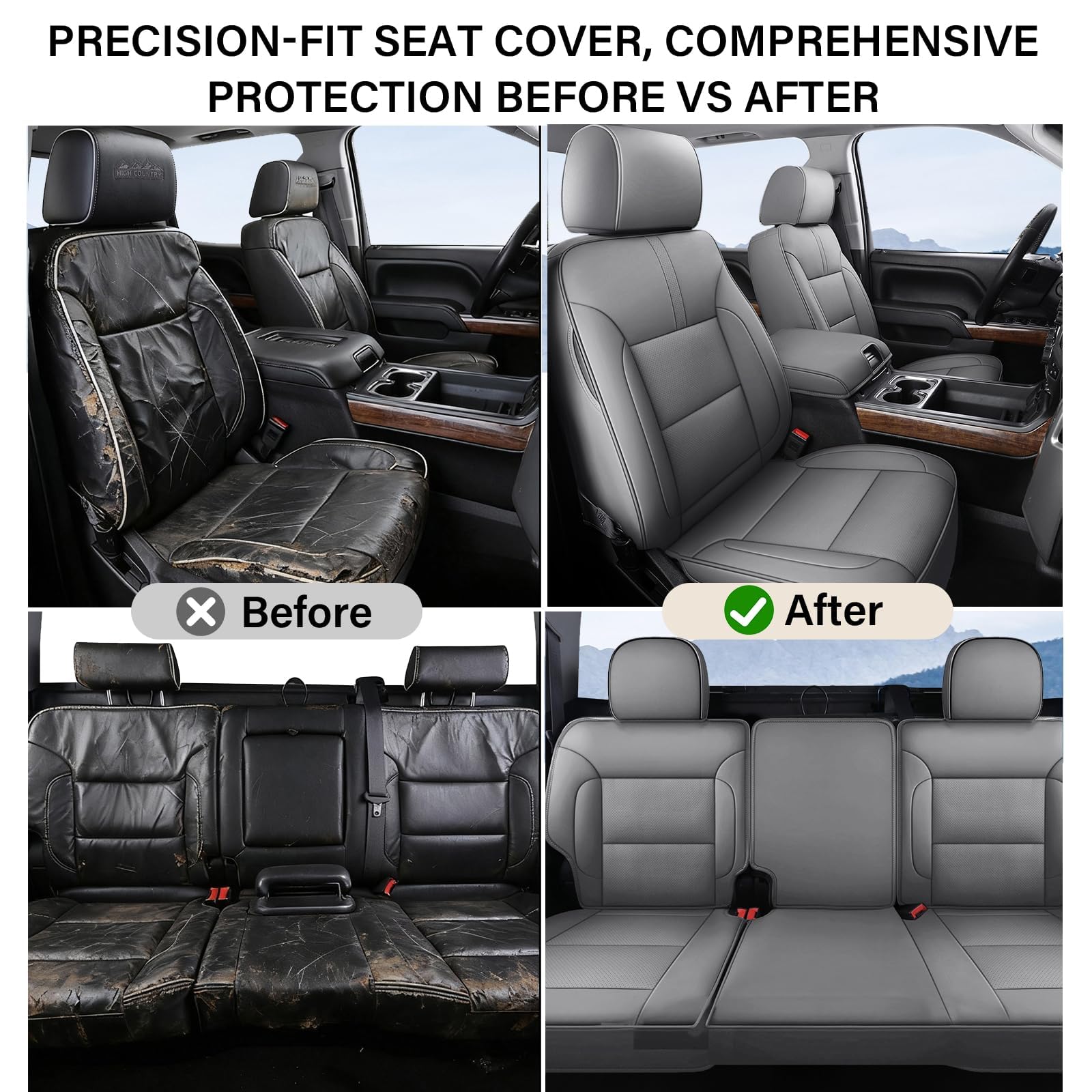 Coverado Chevy Silverado Seat Covers, Faux Leather Seat Covers Fit for Chevy Silverado GMC Sierra 2007-2025 1500, 2015-2025 2500HD 3500HD Crew Double Extended Cab (Front, Black)