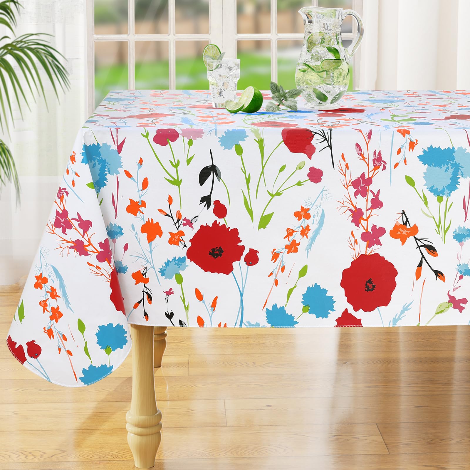 misaya Square Waterproof Vinyl Table Cloth, Wipeable Tablecloth with Flannel Backing, Plastic Table Cover for Dinner, Picnic, Indoor and Outdoor (Blue Leaves, 54" x 54")