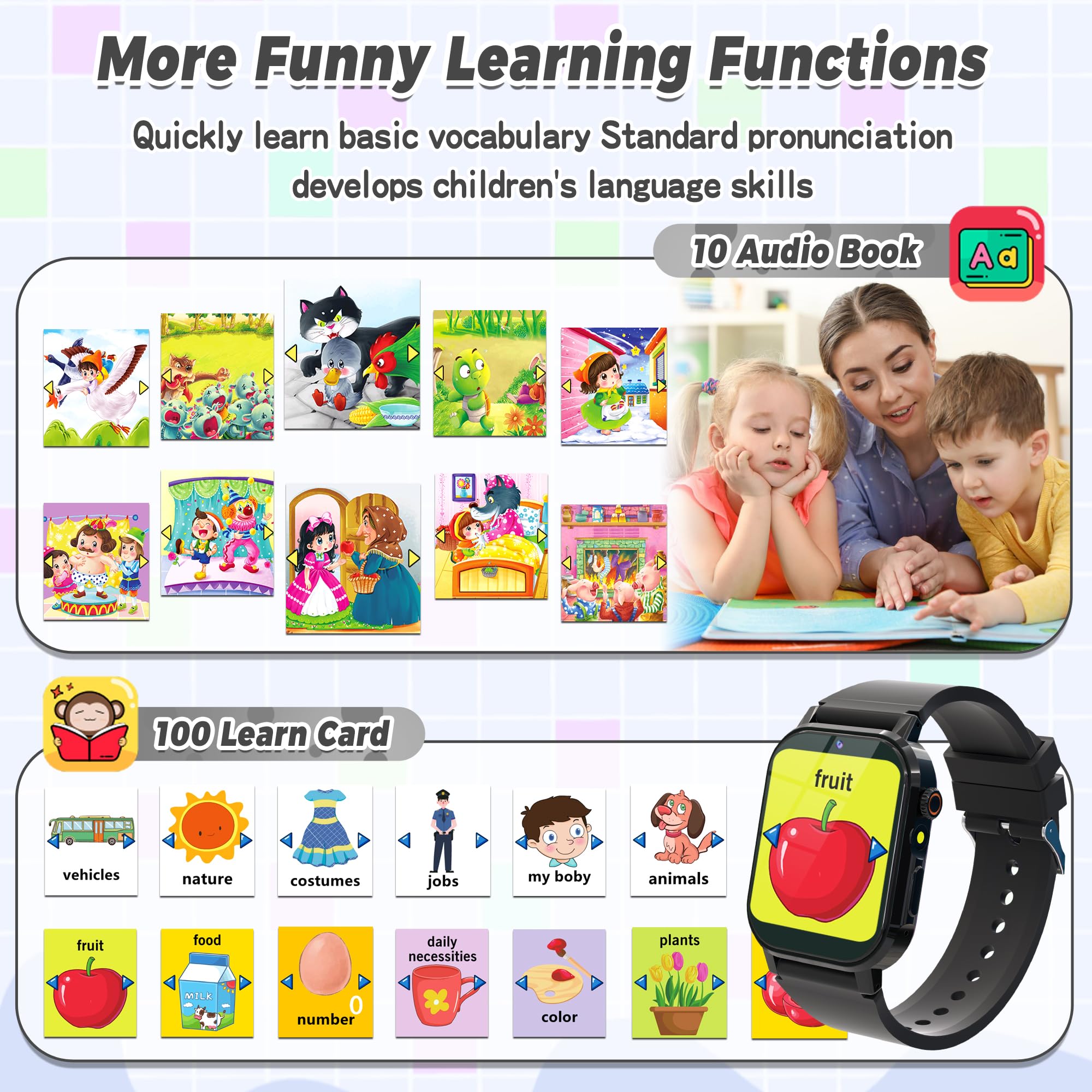 Kids Smart Watch Boys, Kids Game Smart Watch with 32 Games HD Touch Screen Video Camera Music Player Audiobooks Pedometer Flashlight Alarm Clock 12/24 hr, Toys Gift for 3-12 Years Old Boys Girls