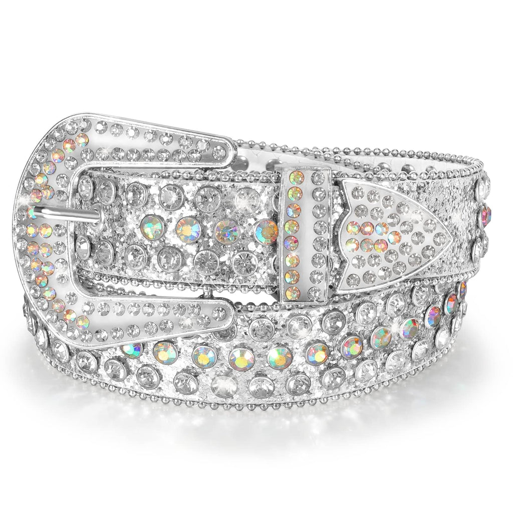 Men Women's Rhinestone Bling Studded 1.5" Leather Belts for Jeans Pants with Fashion Silver Buckle