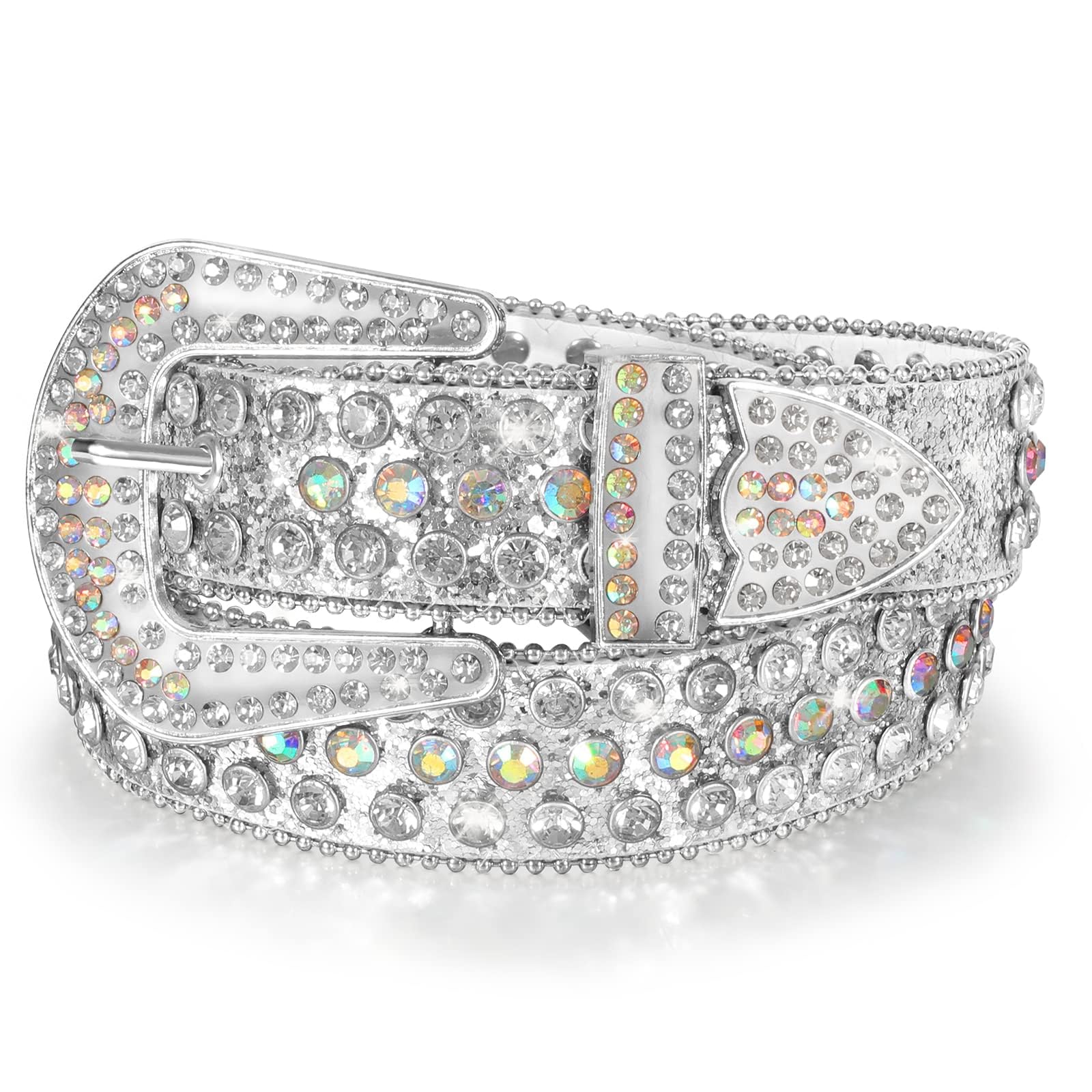 Men Women's Rhinestone Bling Studded 1.5" Leather Belts for Jeans Pants with Fashion Silver Buckle