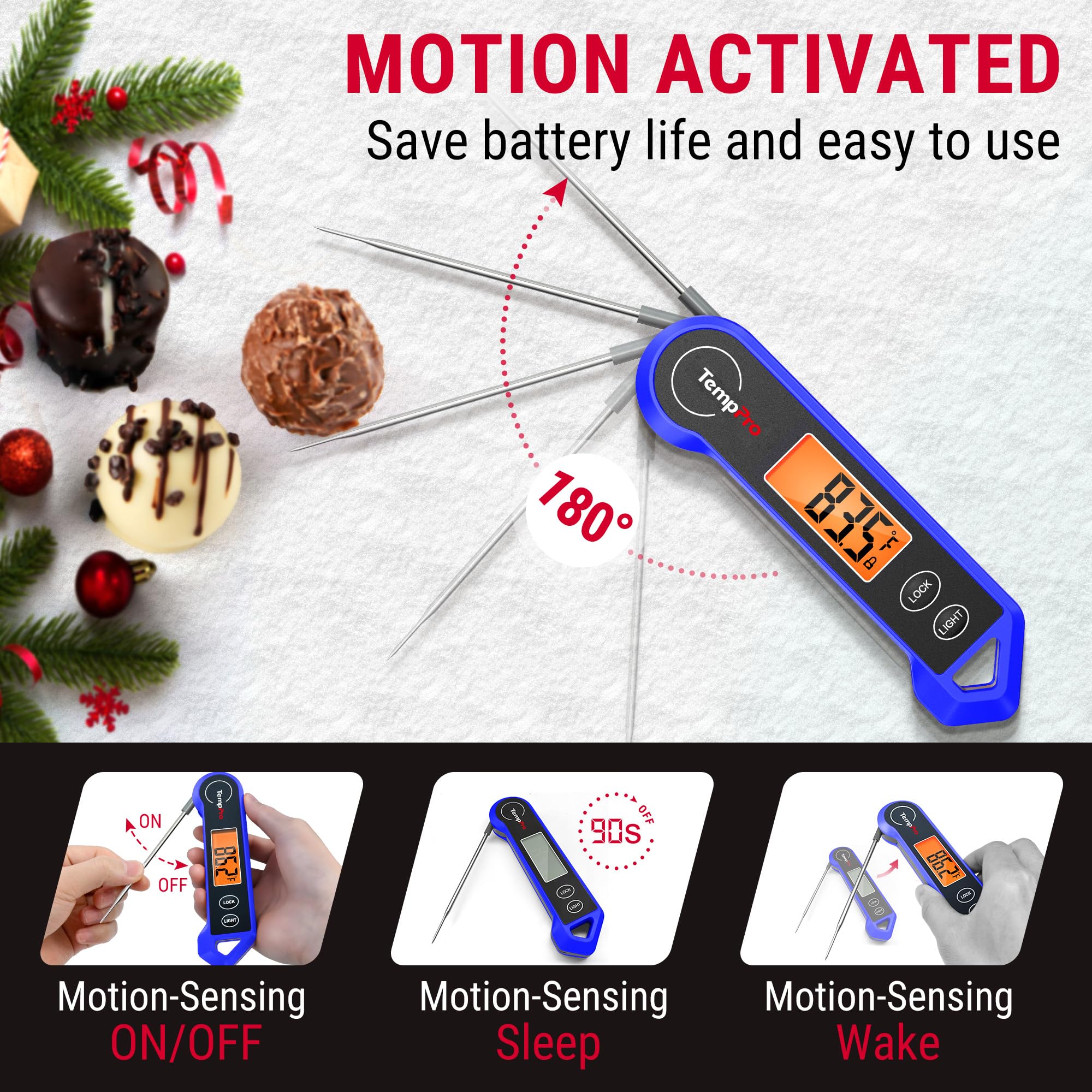 TempPro TP19H Digital Meat Thermometer for Cooking, 1 Sec Instant Read Food Thermometer with Motion-Sensing Wake for BBQ Grill Oil Fry Candy for Fathers Day Gift for Dad Men (Previously ThermoPro)