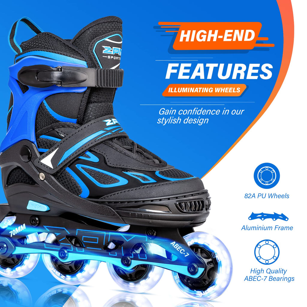 2PM SPORTS Vinal Girls Adjustable Flashing Inline Skates, All Wheels Light Up, Fun Illuminating Skates for Kids Men Adult Women and Boys