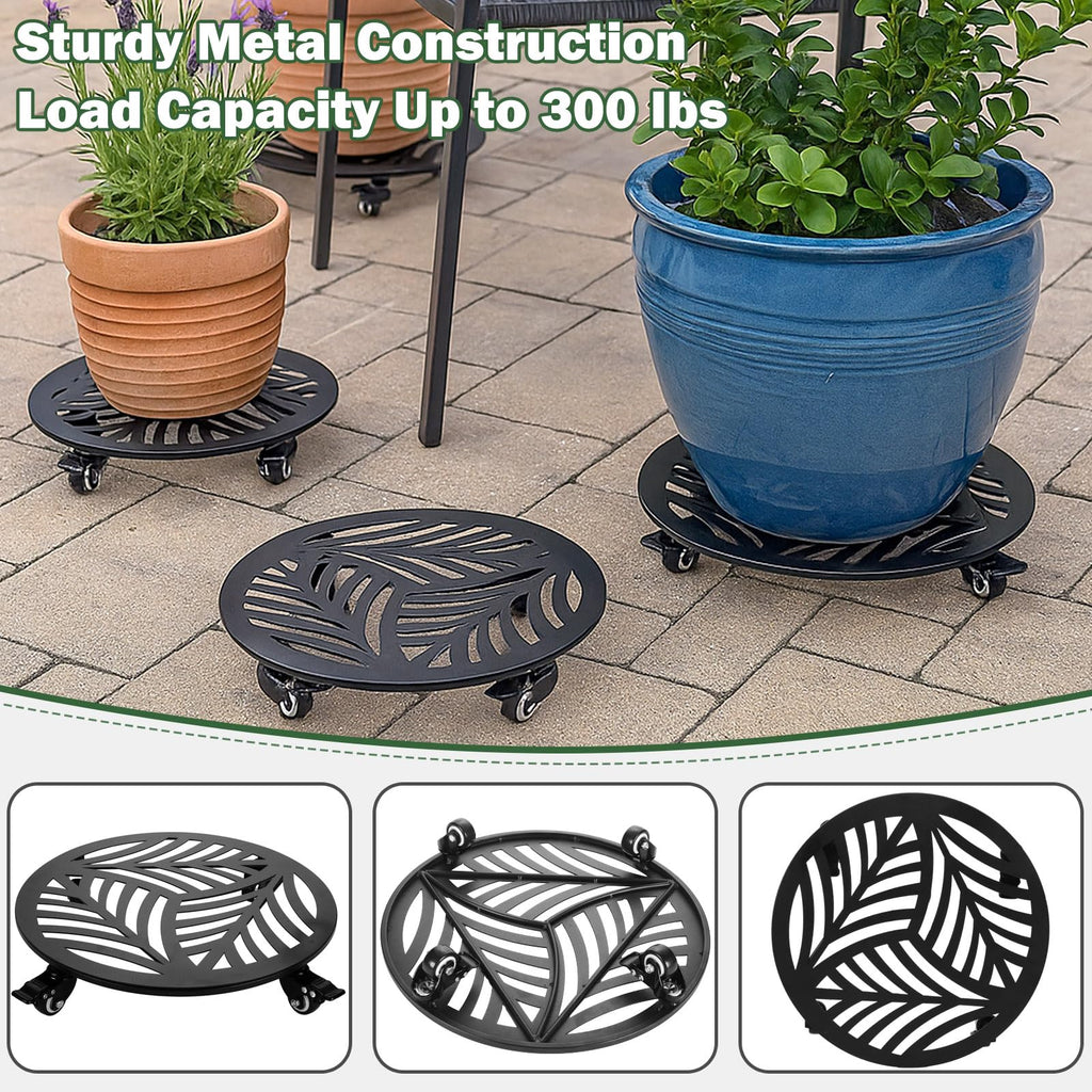 1 Pack 12 inches Large Metal Plant Caddy with 3 PU Metal Wheels Rolling Plant Stand with Casters Indoor Outdoor Wheeled Planter Roller Base Pot Movers Plant Dolly Coaster Trolley Black