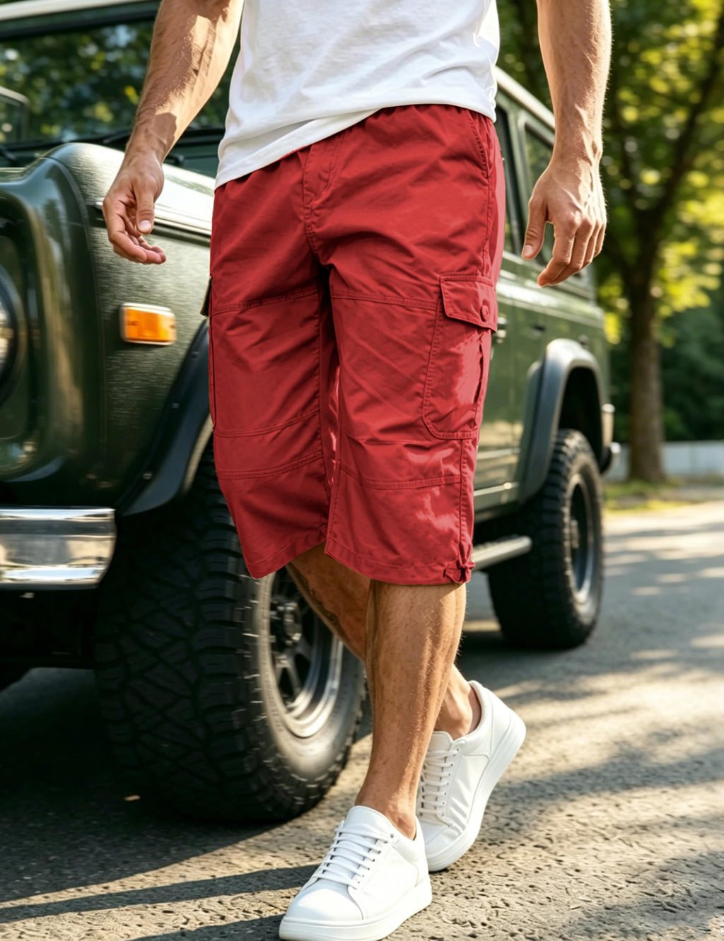 EKLENTSON Men's Cargo Shorts Casual Twill Elastic 3/4 Capri Pants Below Knee Long Shorts with 7 Pockets